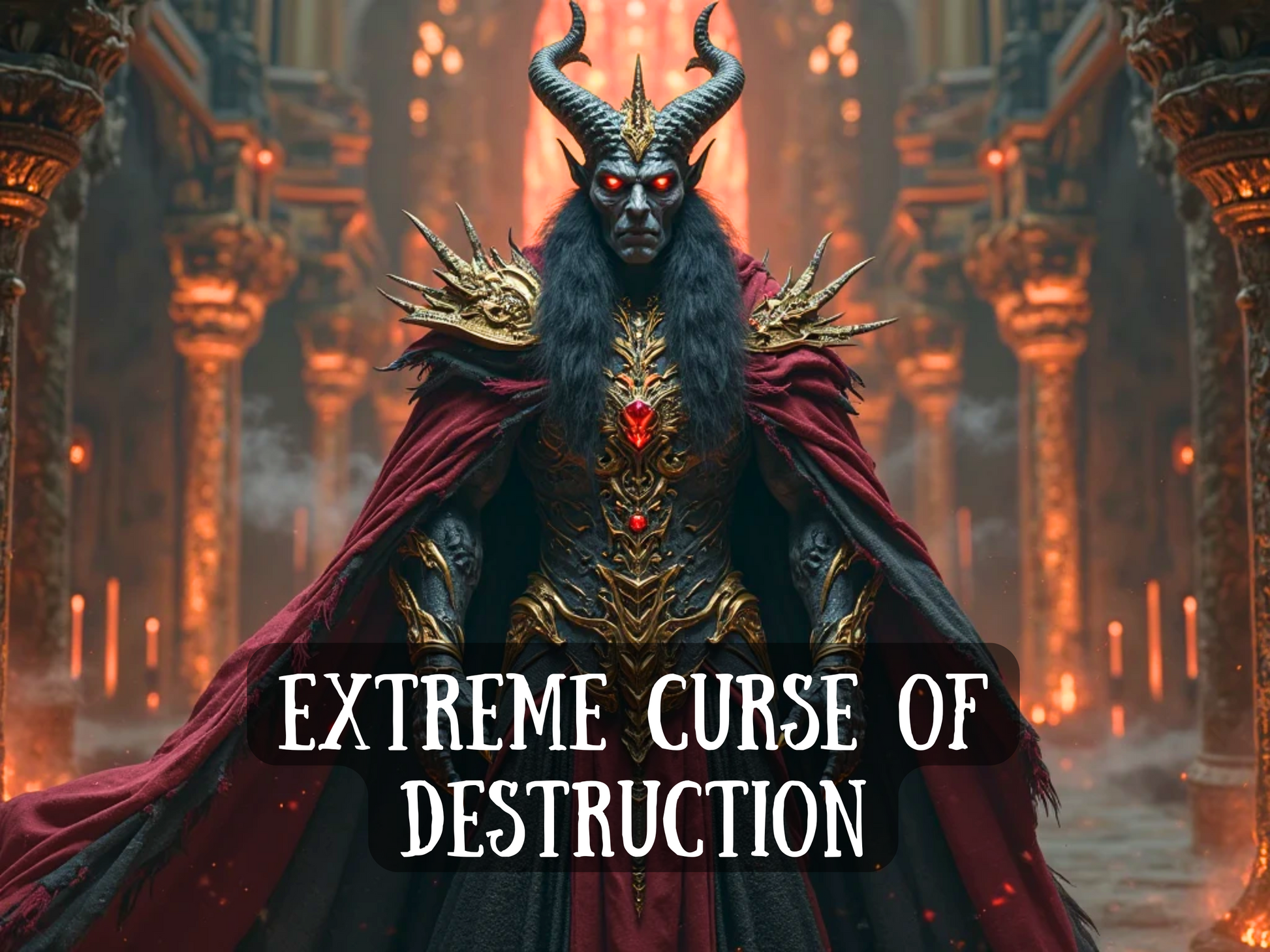 “Extreme Curse of Destruction” image of a demonic warlord clad in black and gold armor with glowing red eyes, crowned horns, and a blood-red cape flowing through a burning infernal temple. His chest glows with a fiery jewel as flames and smoke surround him, symbolizing unstoppable wrath and annihilation. This powerful artwork embodies vengeance, ruin, and fearsome destruction,  focused on revenge, banishing enemies, removing obstacles, breaking power structures, and unleashing chaos.