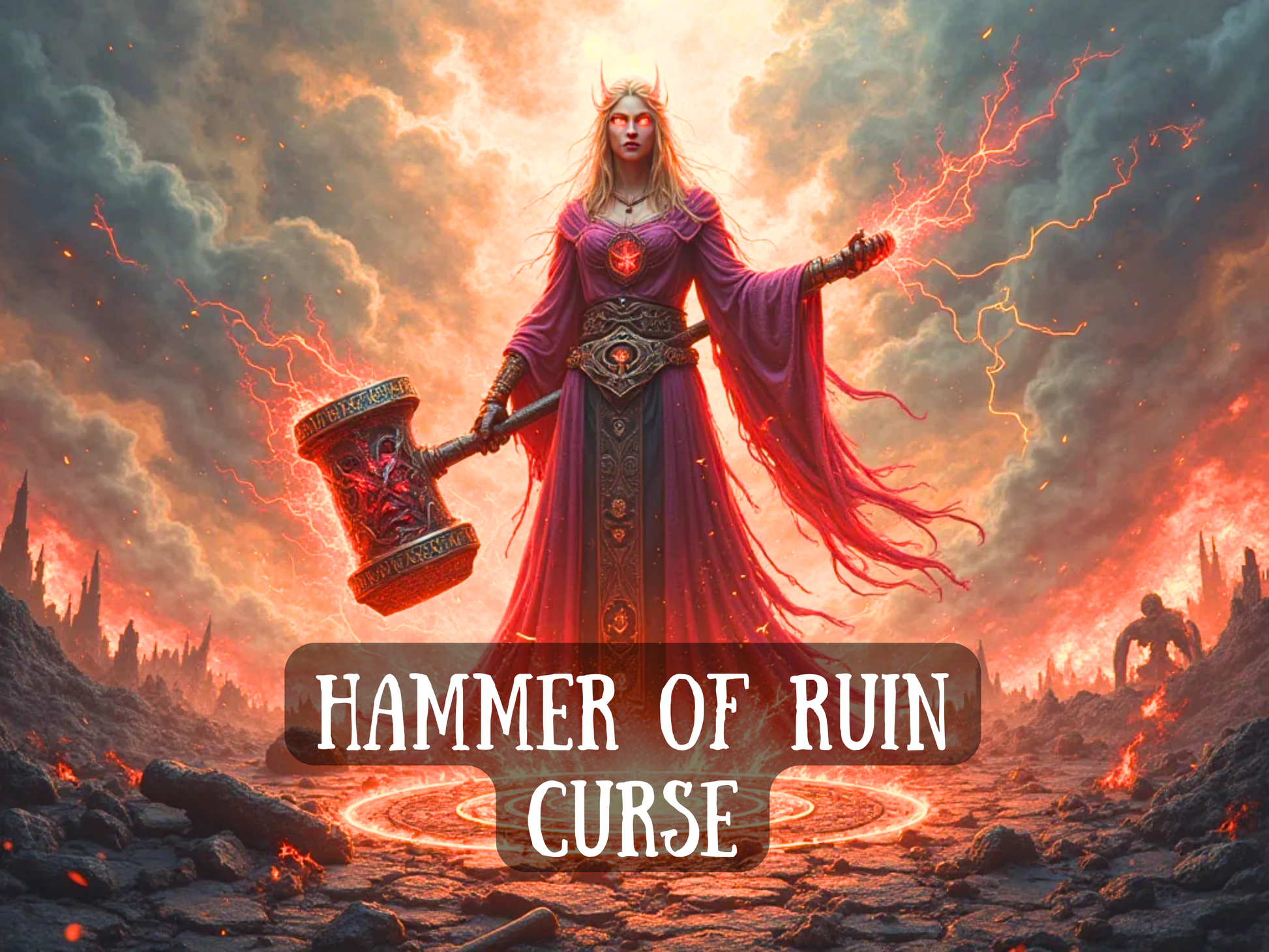 “Hammer of Ruin Curse a powerful sorceress in a flowing crimson gown, glowing with fire and lightning, wielding an enormous enchanted hammer. She stands within a fiery circle of power as storm clouds churn and the volcanic landscape burns around her. This commanding image represents vengeance, destruction, and unstoppable judgment calling down ruin on enemies and breaking obstacles with force.   extreme curse work, revenge magick, power removal, enemy downfall, and dark energy conjuring.