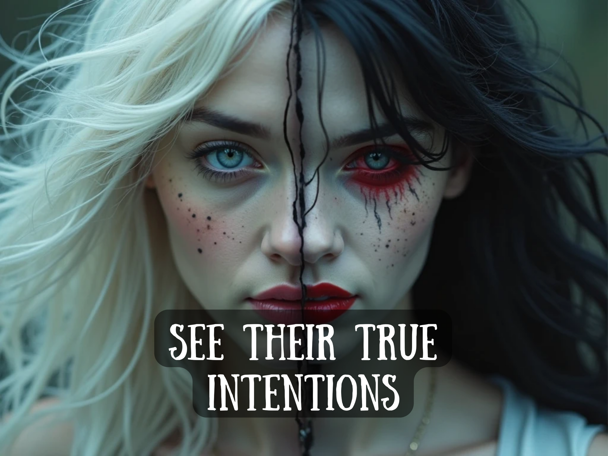 See Their True Intentions spell image showing a mystical woman with half blonde hair and half black hair, split down the middle of her face, symbolizing duality and hidden truths. One side radiates purity and light, while the other reveals darkness with blood-red makeup and shadowy energy. This powerful spell uncovers deception, reveals hidden motives, and exposes the truth behind people’s actions and words. Ideal for those seeking clarity, protection from betrayal, and the ability to see through lies, mask