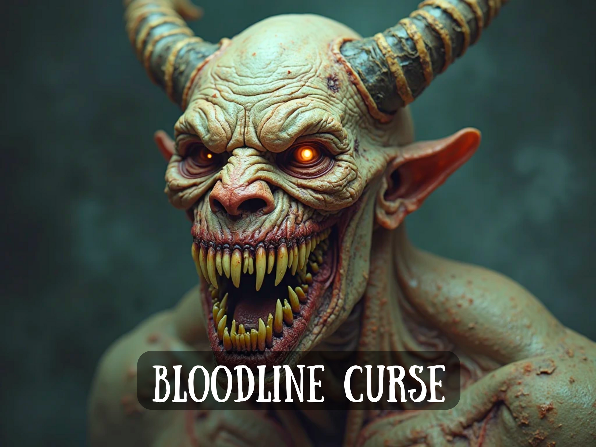 A terrifying demonic entity snarls  orange eyes, razor-sharp fangs, and cracked, leathery skin. Twisted horns curl from its skull, and its monstrous grin exudes malevolence and rage. The background is shadowy and blurred, drawing full attention to the demon’s grotesque features. Overlaid text reads: “BLOODLINE CURSE,” suggesting a dark and powerful spell designed to curse an entire family line—invoking ancestral shame, misfortune, madness, and generational ruin through a bound, wrathful spirit.