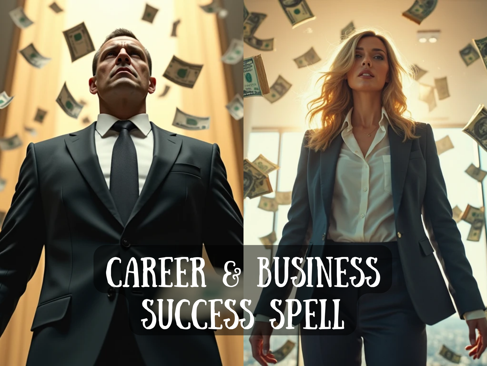 Dynamic artwork of a powerful businessman and businesswoman in sharp suits, standing tall as money falls around them, symbolizing wealth, success, and authority. The image text reads “Career & Business Success Spell,” representing rituals for financial growth, career advancement, prosperity, and confidence. Perfect for entrepreneurs, leaders, or professionals seeking abundance, promotions, influence, and unstoppable business power through focused energy and magick.