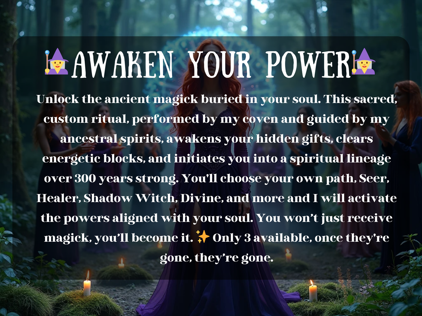 Awaken Your Power Coven Witch Awakening Spell image showing a red-haired witch in a flowing purple gown standing at the center of a forest ritual, surrounded by coven witches holding candles. A glowing circle of blue runes radiates behind her, symbolizing ancient magick, spiritual initiation, and ancestral power. This awakening ritual unlocks hidden gifts, clears blocks, and connects you to a 300-year lineage of witchcraft, guiding paths of healer, seer, divine, and shadow witch mastery.
