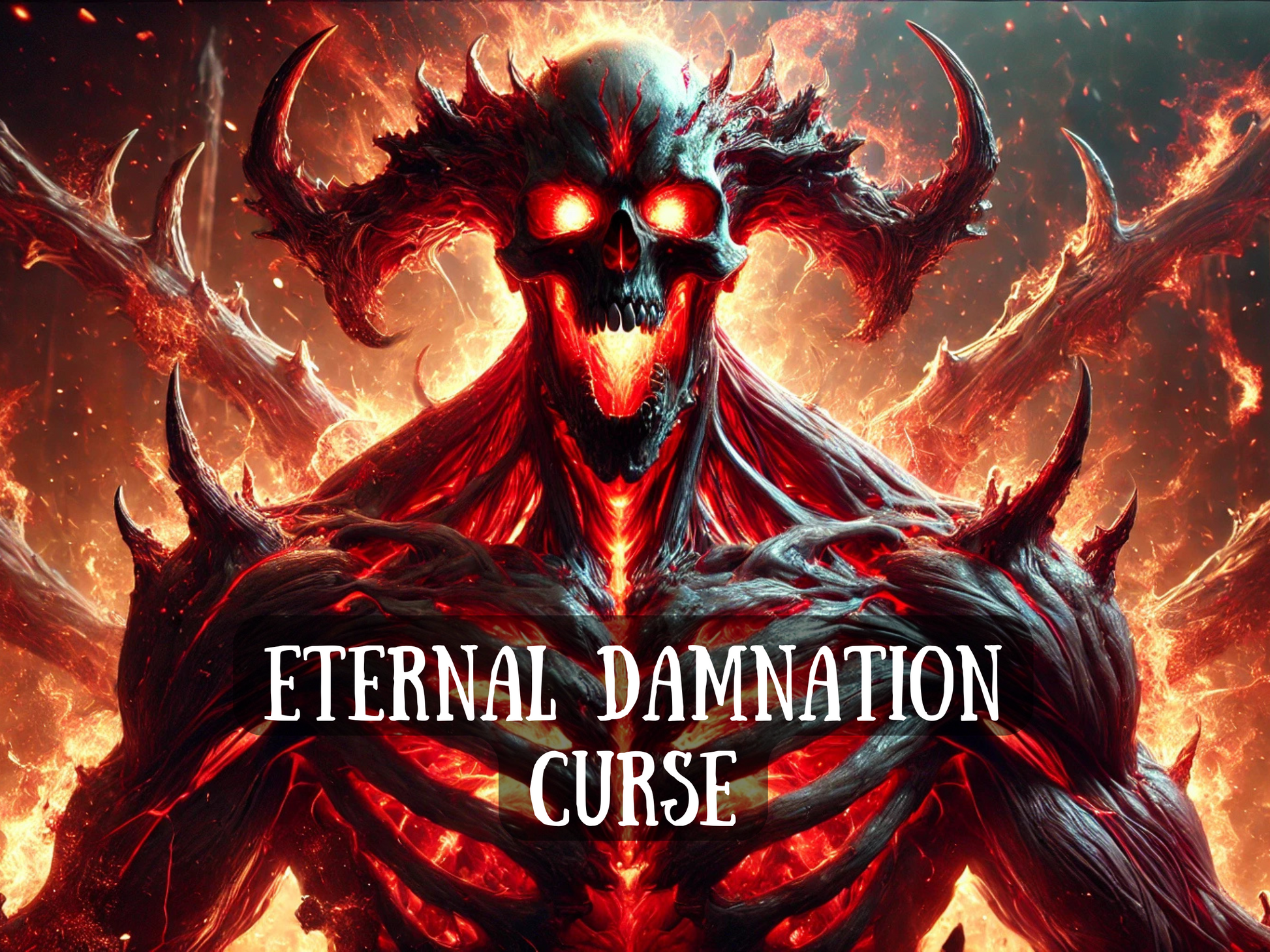 A towering demonic figure blazes with infernal fire, its skeletal face twisted in a menacing grin, eyes glowing like molten lava. Horns curl from its flaming skull, and jagged spikes erupt from its muscular, charred body. Flames roar around it, casting a hellish glow. This entity radiates rage, destruction, and unstoppable power. Text at bottom “Eternal Damnation Curse,” hinting at a dark, unforgiving spell that condemns its target to endless torment and spiritual ruin. Pure wrath made manifest.