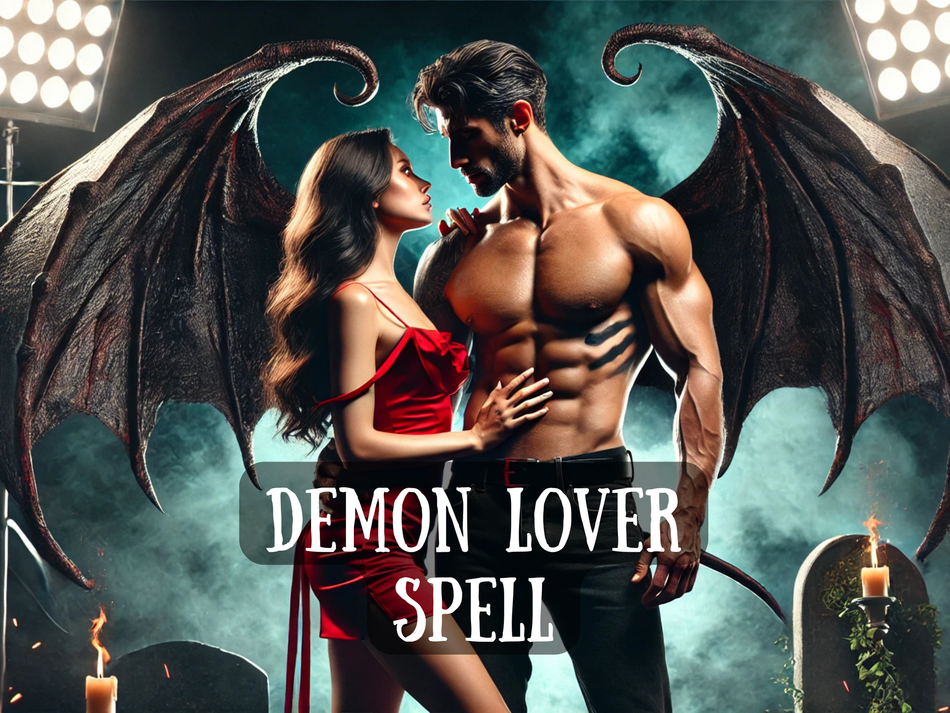 Demon Lover Spell promotional image showing a powerful shirtless demon with large black wings embracing a woman in a red dress under dramatic lighting. Flames and candles surround them, symbolizing passion, desire, and forbidden romance. This spell calls forth a demonic lover to bring intense sexual attraction, obsession, and magnetic connection. Perfect for those seeking dark love magick, spirit lovers, or supernatural intimacy that transcends the ordinary.