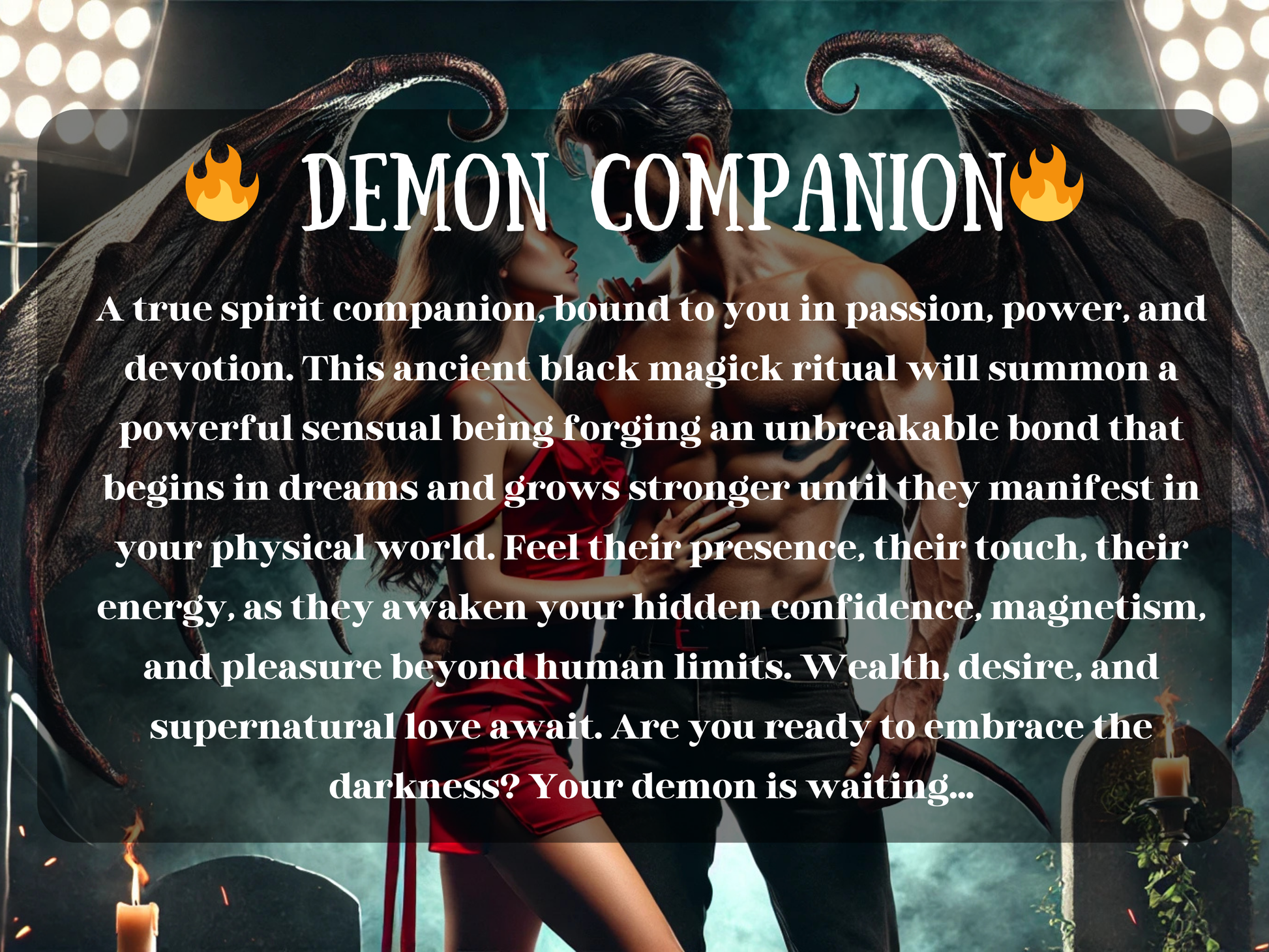 Demon Companion spell artwork showing a muscular demon with black wings holding a woman in a red dress, surrounded by fire and candles. This ritual summons a powerful spirit lover, binding them to you with passion, desire, and devotion. Feel their touch, energy, and presence as they awaken hidden confidence, magnetism, and supernatural pleasure. A dark magick companion spell for obsession, intimacy, and otherworldly love connection beyond human limits.