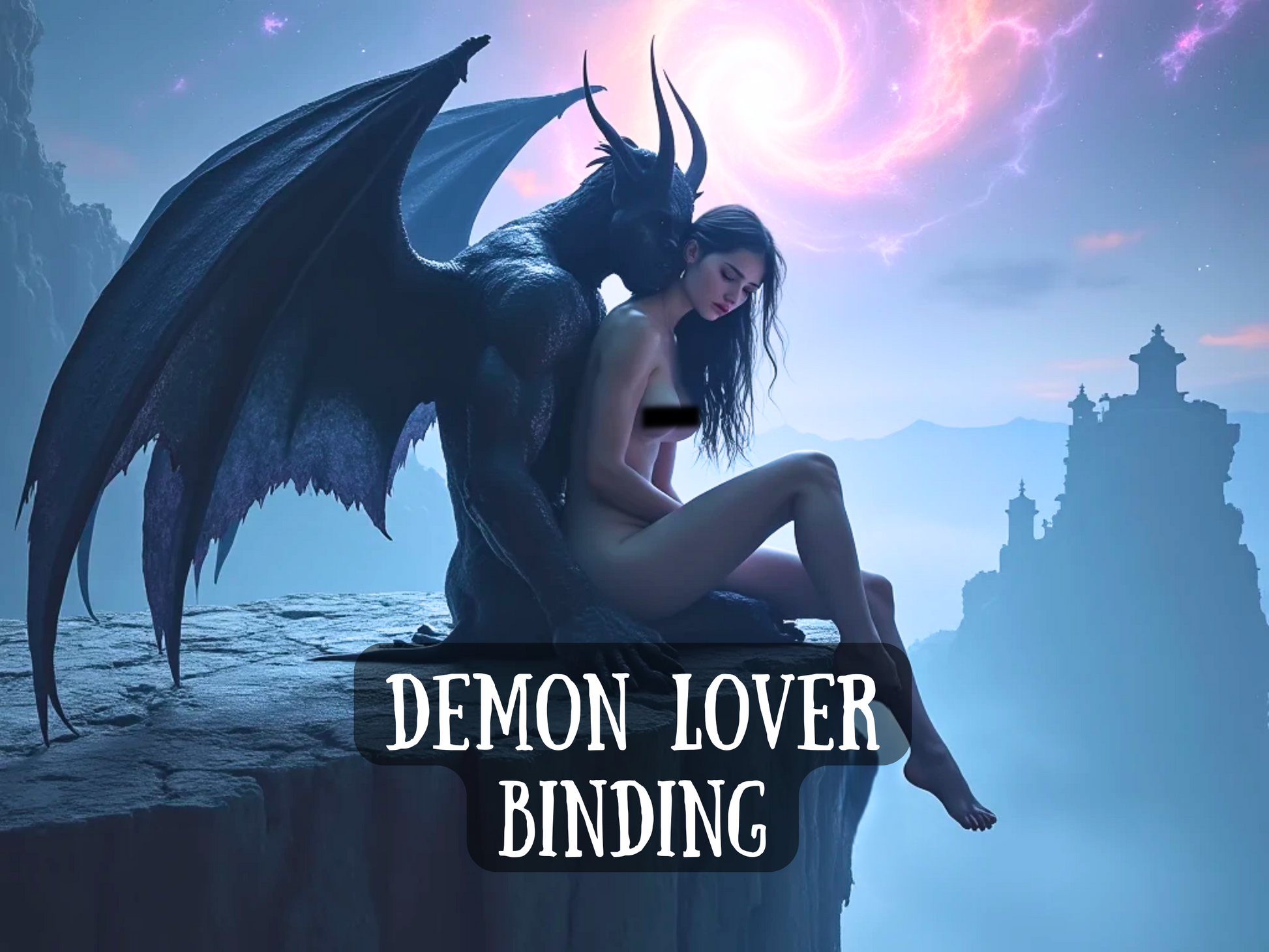 Demon Lover Binding spell artwork featuring a powerful demon with dark wings embracing a woman on a cliff beneath a glowing cosmic vortex sky. This ritual symbolizes passion, lust, and supernatural devotion, binding the energy of a demon companion to a lover. The mystical scene evokes forbidden romance, black magick, and unbreakable spiritual ties. Perfect for those seeking intimacy, desire, obsession, and otherworldly connection through ritual spellcasting.