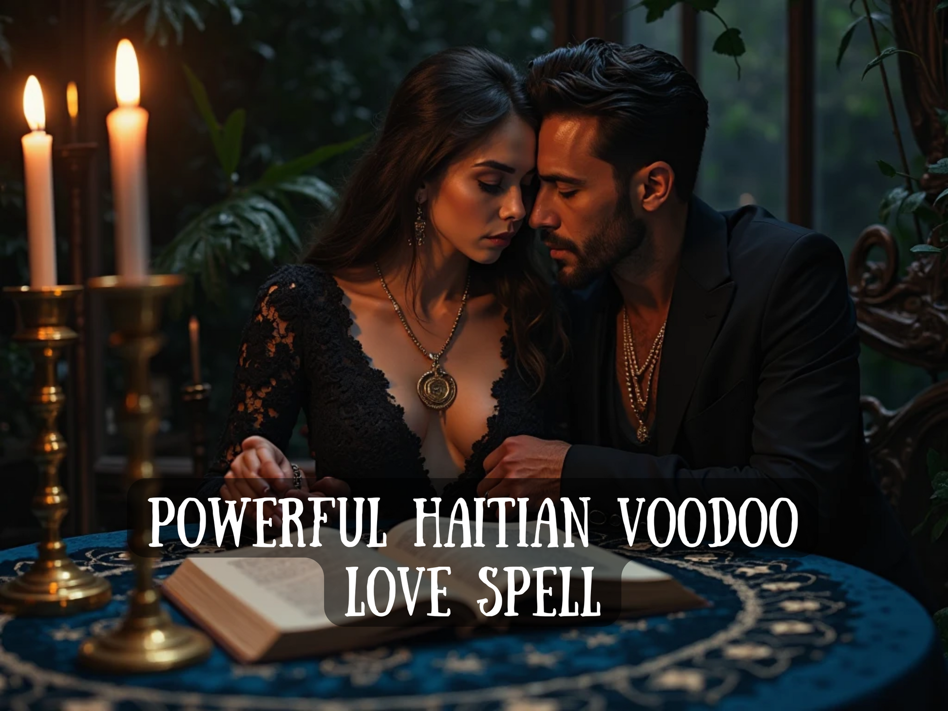 Dark romantic artwork of a couple seated close together at a candlelit table with an open book, radiating passion and intensity. The woman wears a black lace dress with a gold pendant, while the man leans in, creating an intimate, powerful atmosphere. The image text reads “Powerful Haitian Voodoo Love Spell,” symbolizing rituals of passion, desire, and binding energy. This design represents Haitian magick for love attraction, devotion, and irresistible connection.