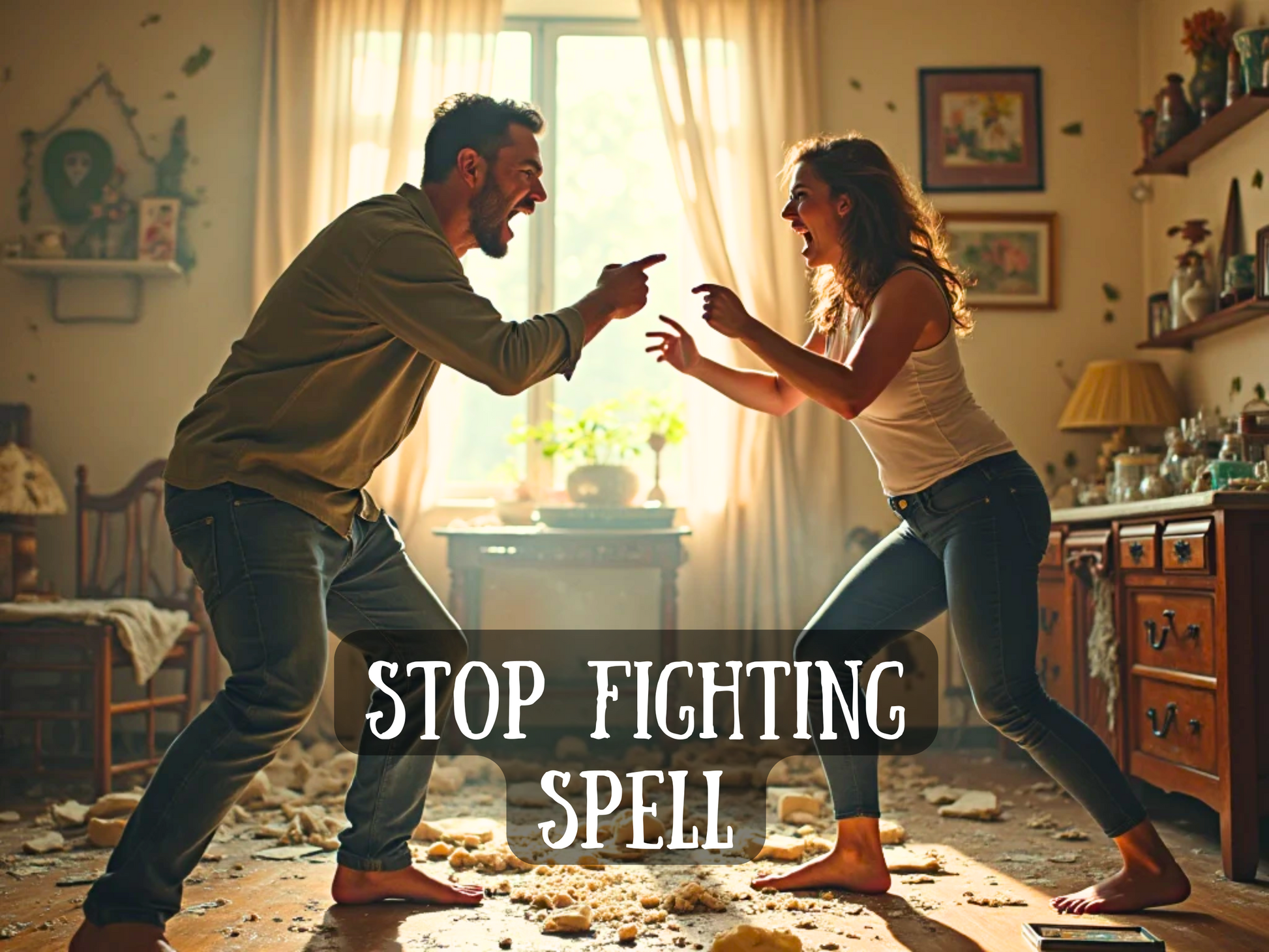 A couple , mid-argument, pointing and shouting at each other with intense expressions. The floor is scattered with debris, and tension fills the air despite the warm sunlight streaming through the window behind them. The space feels emotionally charged and chaotic. Overlaid text reads: “STOP FIGHTING SPELL,” indicating a powerful ritual designed to dissolve conflict, ease communication, and restore emotional harmony between partners or loved ones caught in cycles of anger and miscommunication.