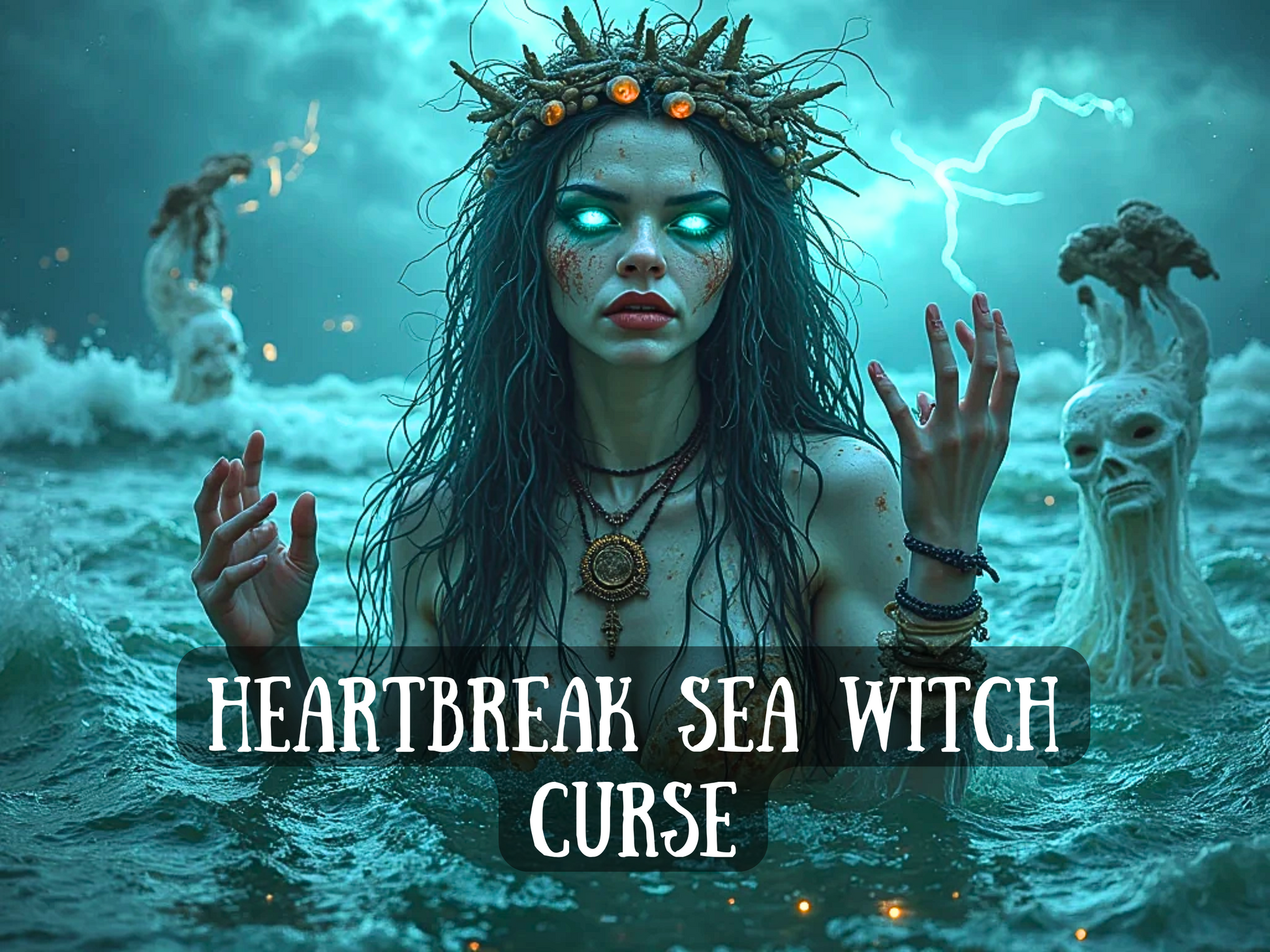 A fierce, otherworldly Sea Witch rises from stormy waters, her glowing aqua eyes blazing with power. Tangled seaweed and coral crown her wild hair, and barnacle-covered spirits loom behind her as lightning cracks in the background. Her hands are raised in a summoning gesture, dripping with seawater and vengeance. The ocean churns with dark magic. At the bottom, bold white text reads: “Heartbreak Sea Witch Curse,” hinting at a spell fueled by pain, fury, and oceanic wrath.