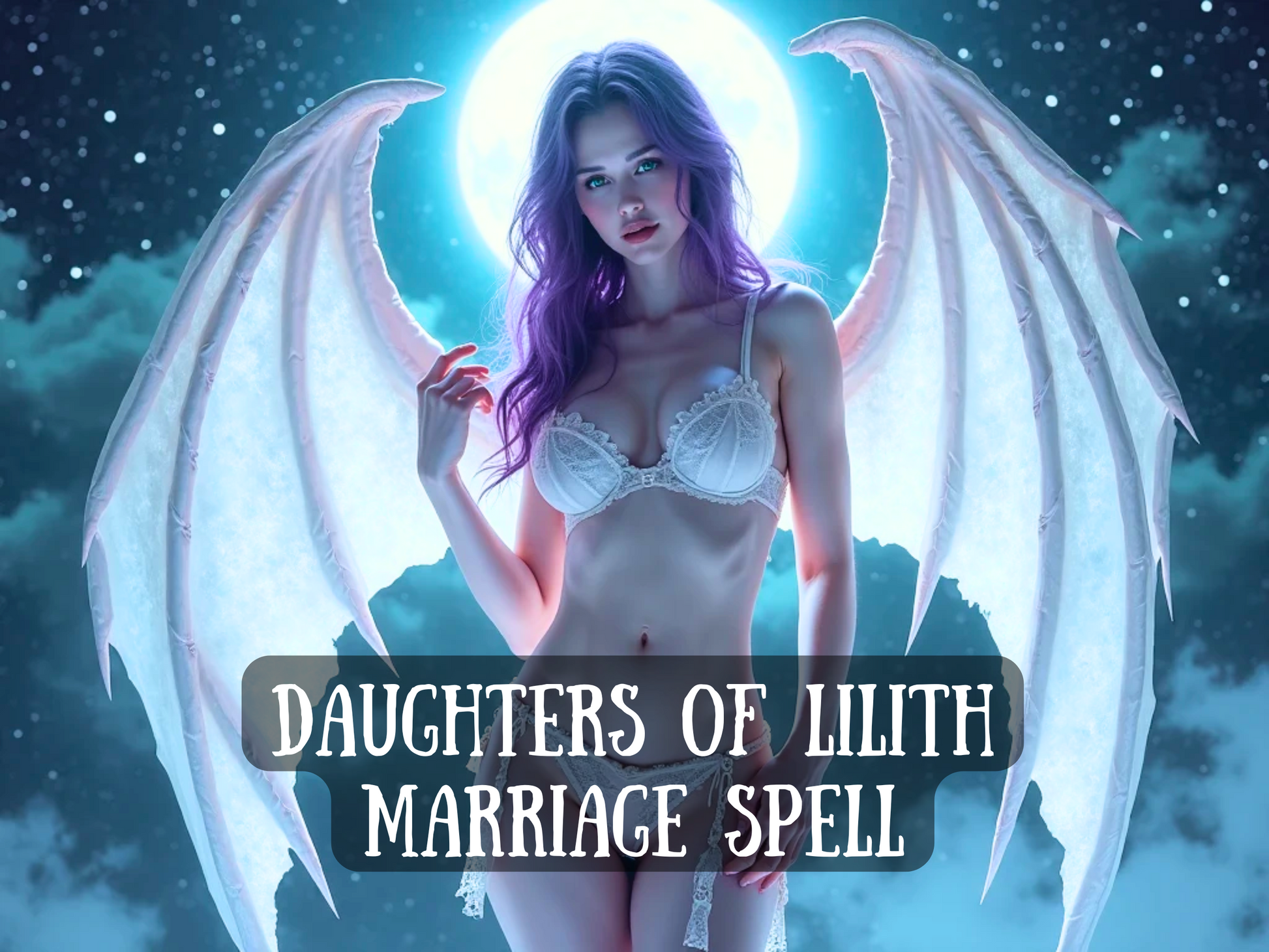 Mystical spell image of a Daughter of Lilith standing under a glowing full moon with angelic-demonic wings, symbolizing a dark marriage pact. She has long purple hair, ethereal beauty, and radiant allure, embodying Lilith’s divine feminine power. This spirit marriage spell invokes binding love, devotion, and eternal connection with goddess energy. A sacred ritual for those seeking spirit companions, goddess unions, and the forbidden allure of Lilith’s daughters.