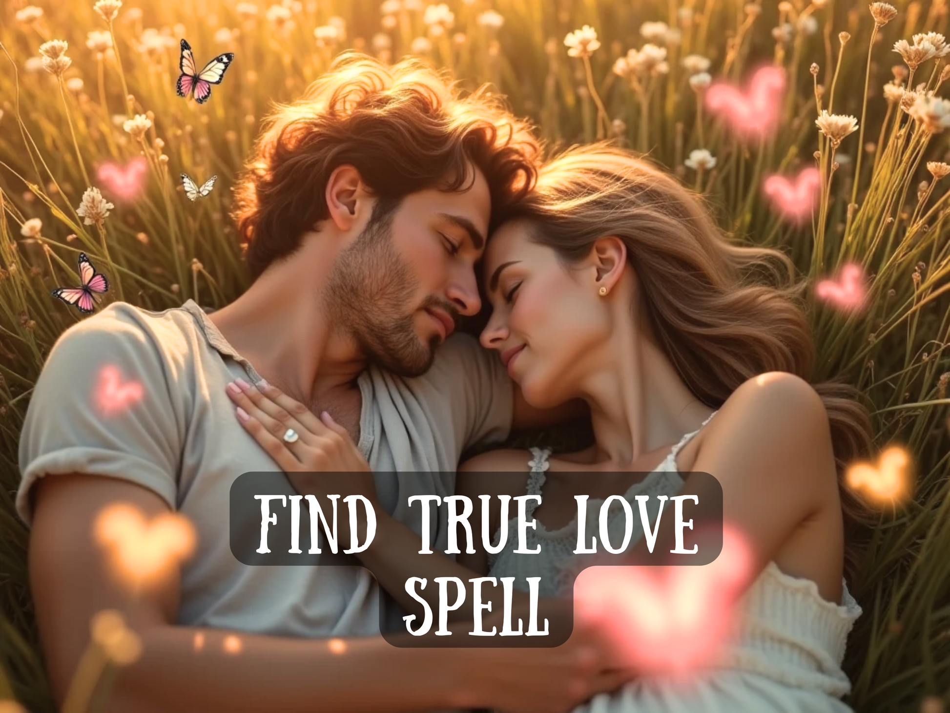 A loving couple wrapped in each other’s arms with peaceful smiles and closed eyes. Soft golden light filters through tall flowers, while pink heart-shaped glows and fluttering butterflies float around them, adding a dreamy, magical atmosphere. Their connection feels genuine and soul-deep. Overlaid text reads: “Find True Love Spell,” suggesting a tender, heart-centered ritual to attract lasting, authentic love meant for those ready to call in their soulmate and open to real emotional connection.