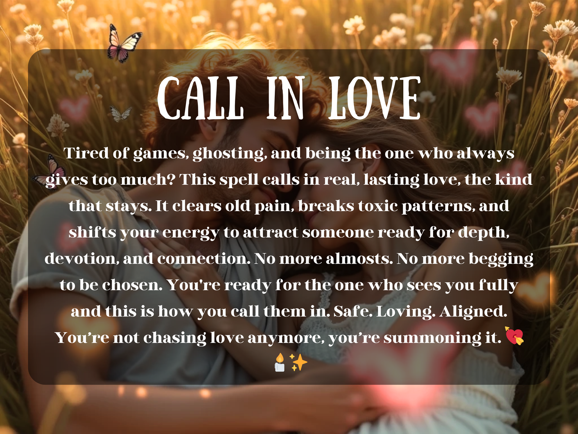 A romantic couple rests peacefully together in a sunlit meadow, surrounded by wildflowers, butterflies, and soft, glowing pink heart-shaped lights. They hold each other close, radiating comfort, trust, and true emotional connection. The golden-hour lighting adds a dreamy, magical glow. Overlaid text reads: “CALL IN LOVE,” followed by a spell description about attracting real, lasting love by clearing pain, breaking toxic cycles, and aligning your energy to summon the partner meant for you.