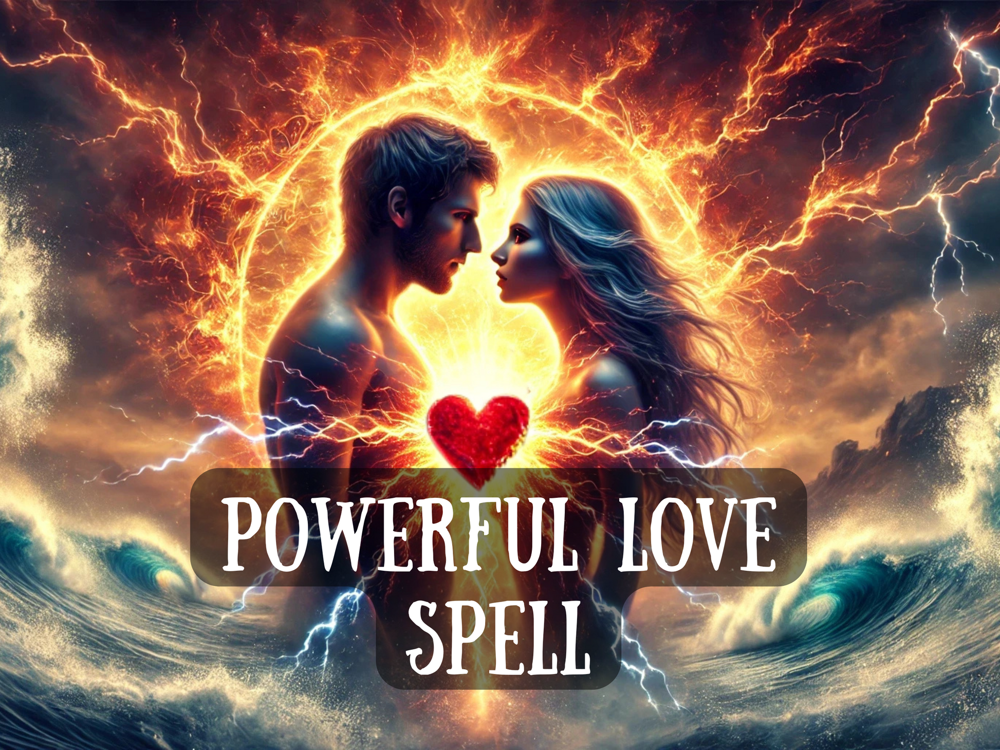 Powerful Love Spell image showing a man and woman surrounded by blazing energy, lightning, and passion. This ritual ignites attraction, creates deep romantic bonds, and draws true love into your life. Designed to awaken soulmate connections, heal broken relationships, and manifest lasting devotion, this spell channels fiery energy to make love irresistible. Perfect for those seeking attraction magic, soulmate rituals, or powerful spells for love and passion.