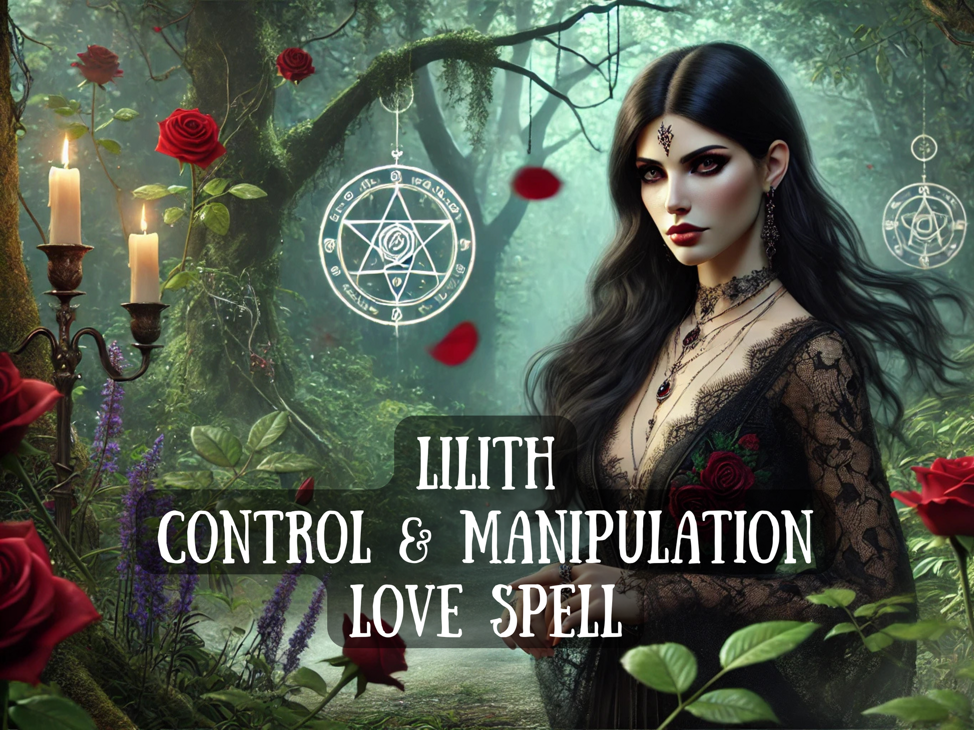 Dark gothic fantasy artwork of a powerful sorceress with long black hair, red lips, and intricate jewelry, standing in an enchanted forest filled with roses, candles, and glowing magical symbols. Text on the image reads “Lilith Control & Manipulation Love Spell,” emphasizing themes of passion, domination, and mystic energy. The scene captures occult ritual energy, witchcraft symbolism, and seductive empowerment, perfect for those seeking love spells, influence magic, or Lilith-inspired enchantments.