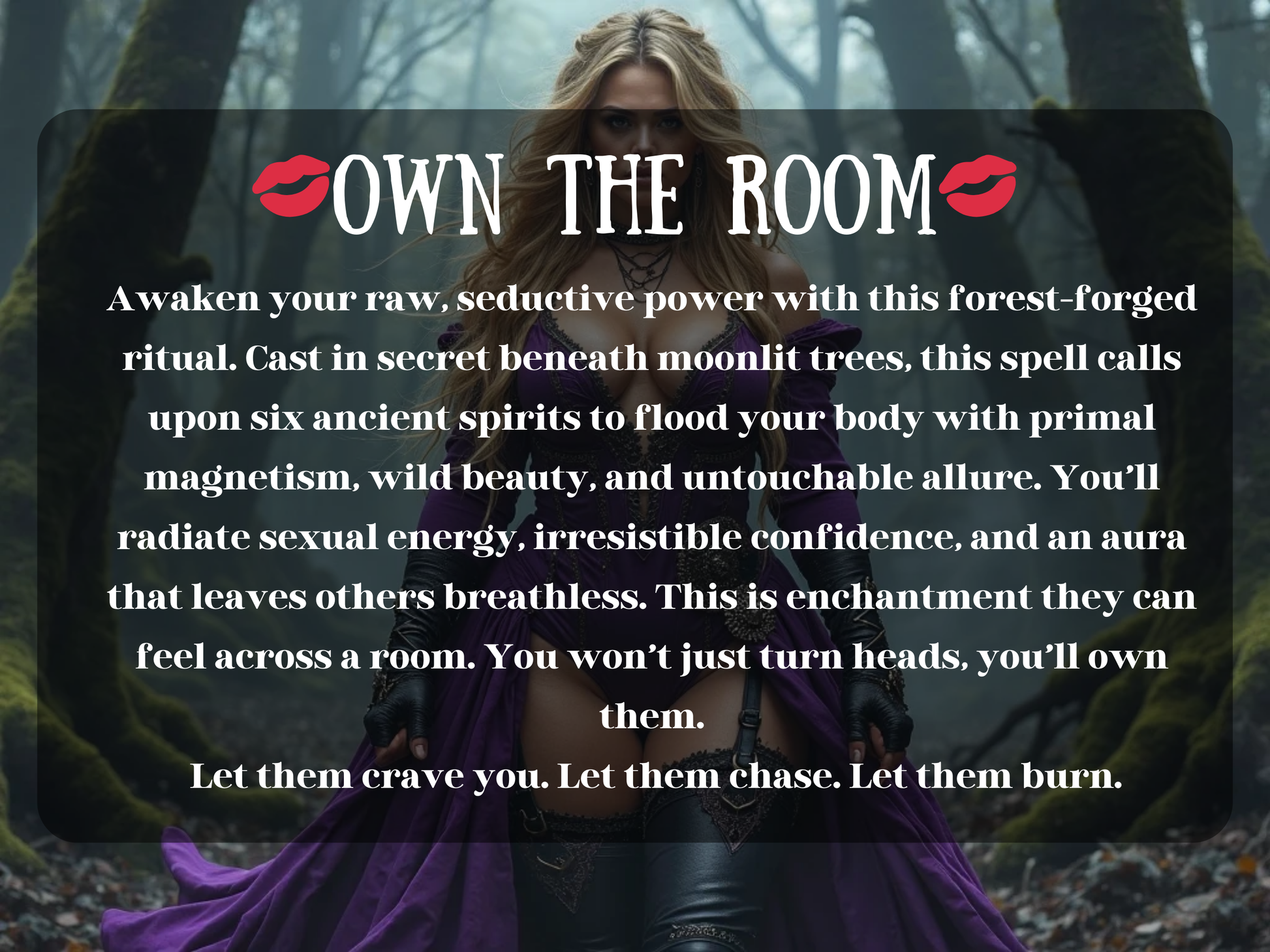 Image titled 'Own the Room' showing a fierce, curvaceous witch in a deep purple, cleavage-baring gown and thigh holsters, standing confidently in an enchanted forest. Her long blonde hair cascades around her shoulders as she exudes sexual power, magnetic energy, and commanding presence. Ideal for listings offering seduction spells, beauty enchantments, divine feminine energy, confidence rituals, glamour magick, and untouchable sovereignty. A spell to awaken desire and dominate any room.
