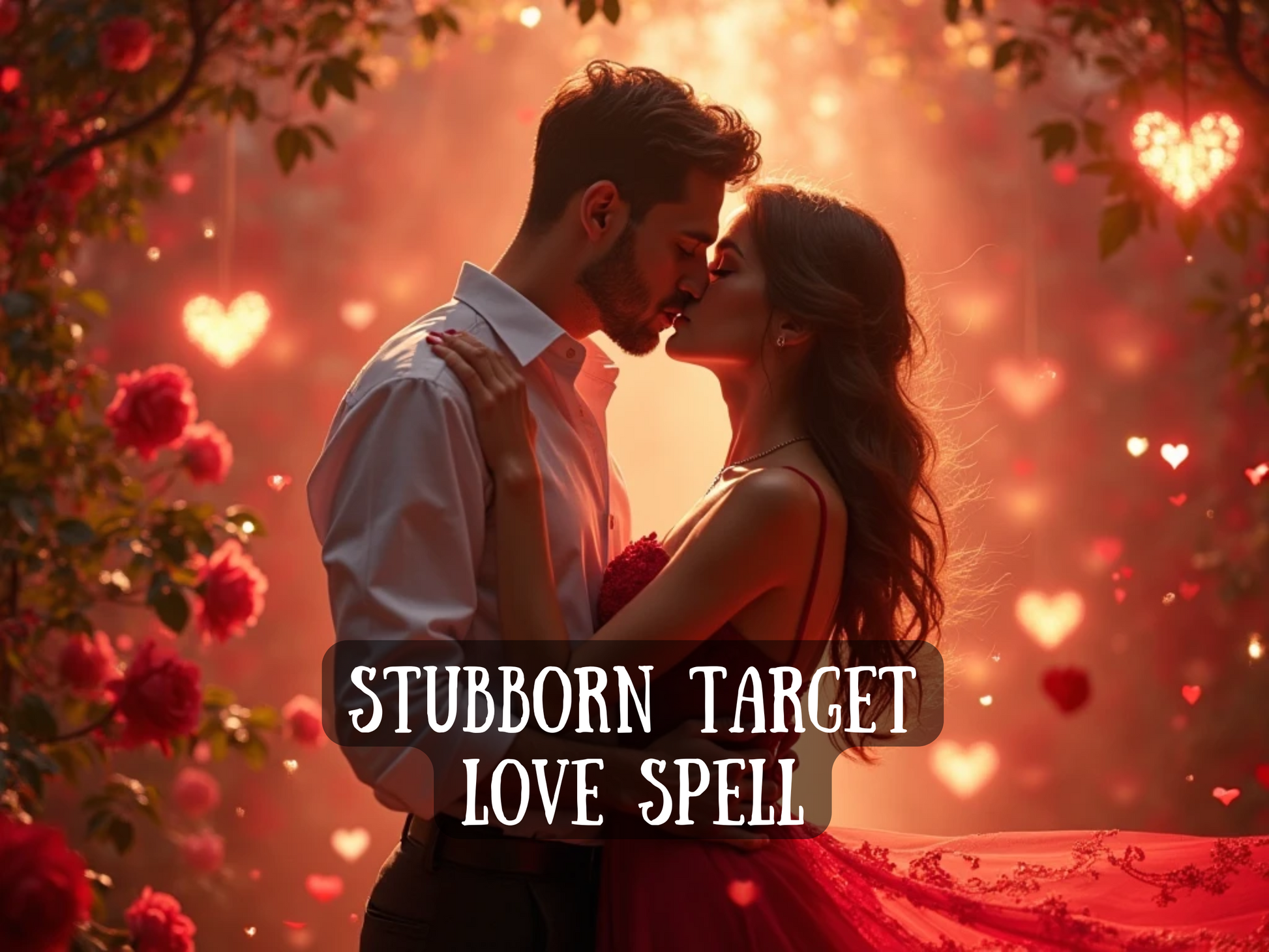 Romantic fantasy artwork of a couple embracing in a glowing garden of roses, bathed in warm golden light with floating heart shapes around them. The woman in a flowing red dress holds her partner close as they lean in for a kiss. The text on the image reads “Stubborn Target Love Spell,” symbolizing passion, attraction, and breaking through resistance. This design represents powerful love magick to soften hearts, ignite desire, and draw even the most distant partner closer.