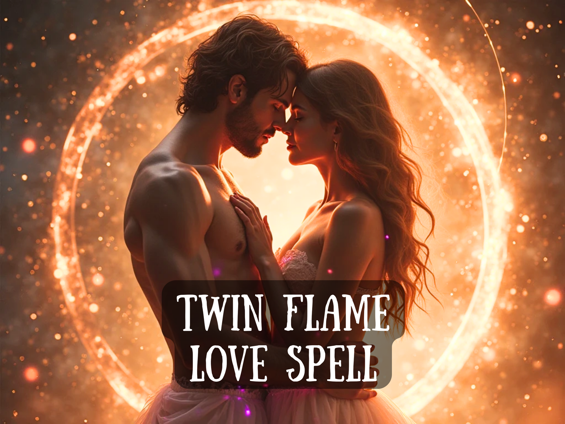 Romantic fantasy artwork of a man and woman embracing tenderly within a glowing circle of golden light and sparks, symbolizing destiny and soul connection. The text on the image reads “Twin Flame Love Spell,” representing passion, reunion, and spiritual bonding. This design embodies the energy of divine partnerships, soulmate attraction, and twin flame union, offering powerful magick to strengthen love, heal separation, and ignite deep emotional and spiritual connection.
