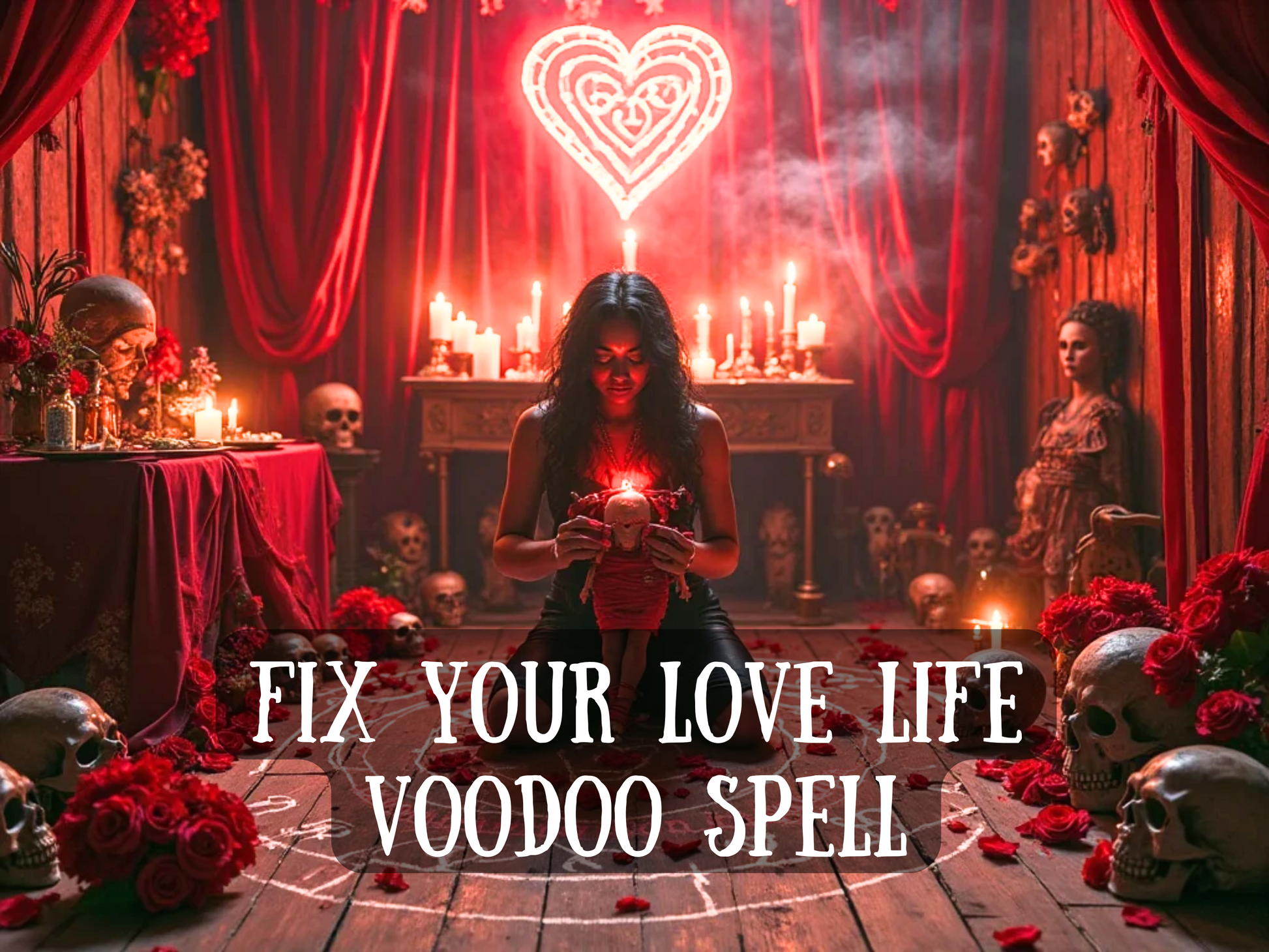 Dark ritual scene of a woman kneeling inside a glowing circle, holding a voodoo doll surrounded by red roses, skulls, candles, and smoke. A neon red heart glows above the altar, creating a powerful atmosphere of passion and magick. Text on the image reads “Fix Your Love Life Voodoo Spell,” representing rituals to heal relationships, attract passion, remove obstacles, and restore harmony. The image embodies voodoo love magic, spiritual energy, and powerful results for romance.