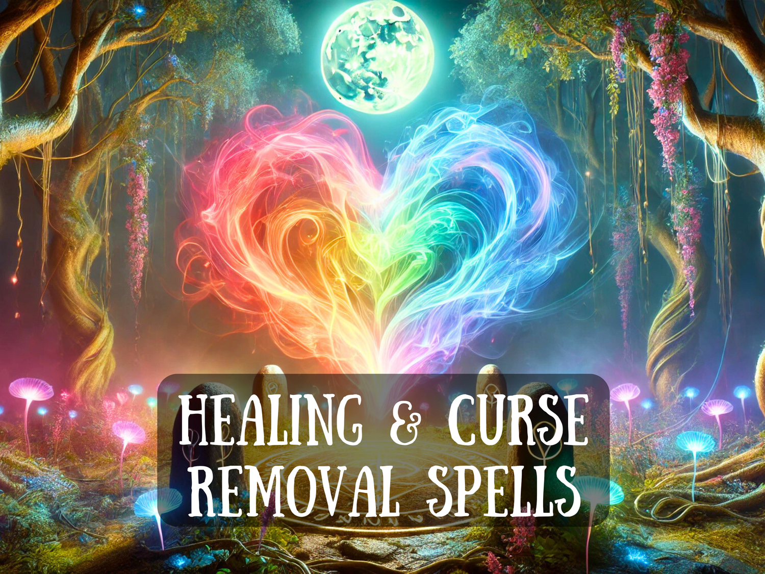 Magical glowing rainbow heart under the full moon in an enchanted forest, with text “Healing & Curse Removal Spells,” symbolizing energy cleansing, spiritual recovery, protection, and release from negativity.