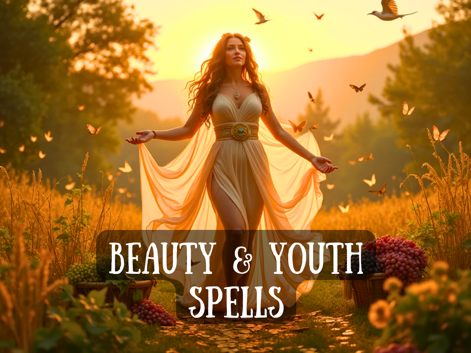 Elegant woman glowing in golden sunlight, surrounded by butterflies and fruit baskets, with text “Beauty & Youth Spells,” symbolizing radiance, vitality, self-confidence, rejuvenation, and timeless charm.