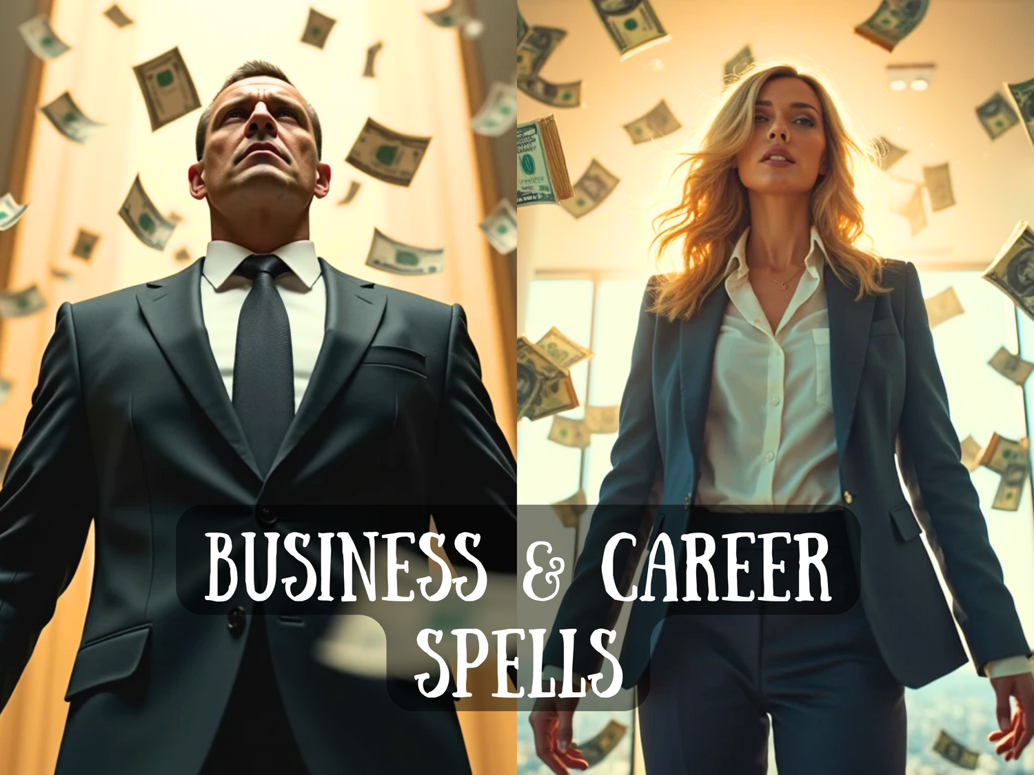Confident man and woman in business suits stand tall as money rains around them, with text “Career & Business Spells,” symbolizing success, wealth, ambition, professional growth, and financial achievement.