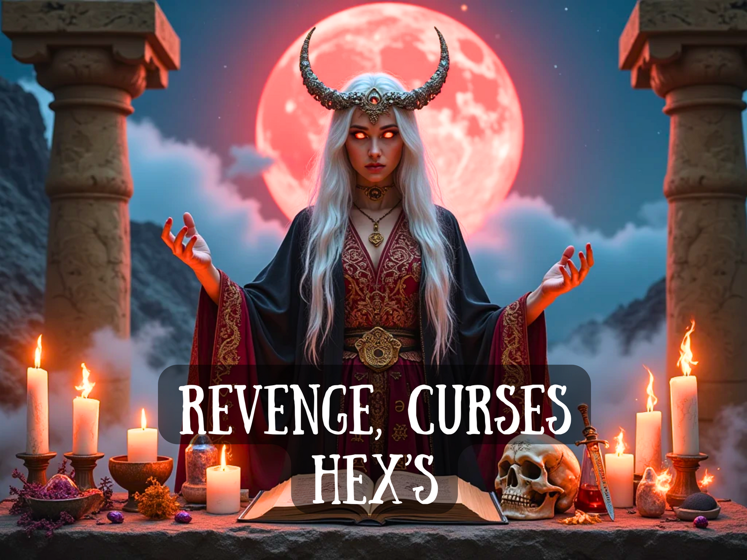 Dark sorceress with glowing eyes and horned crown stands before a blood moon, surrounded by candles, skull, and ritual tools, with text “Revenge, Curses, Hex’s,” symbolizing baneful magic, power, justice, and occult rituals.