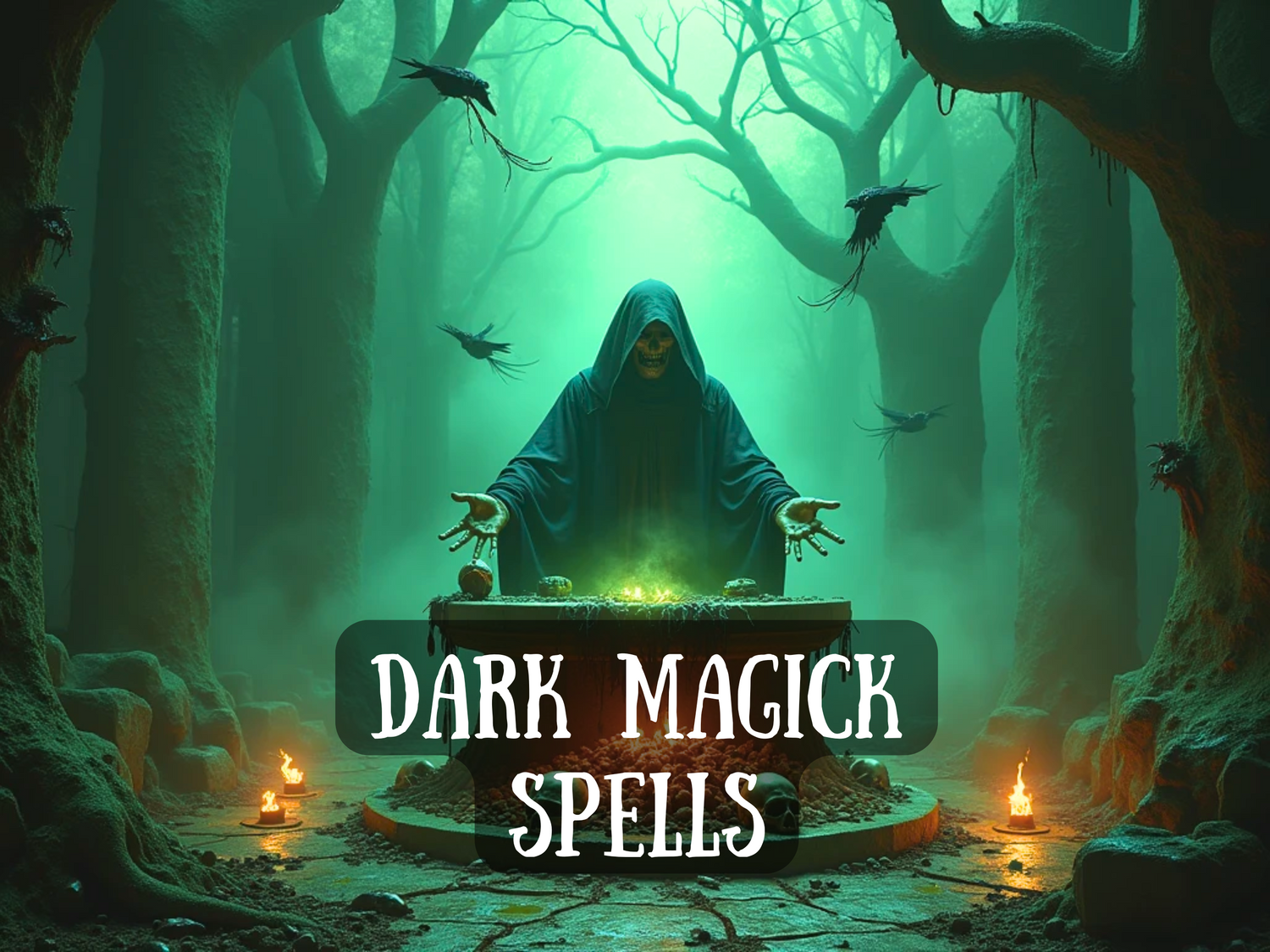 Hooded sorcerer summons power over a glowing cauldron in a shadowy forest with ravens flying, with text “Dark Magick Spells,” symbolizing occult rituals, forbidden power, shadow work, and mystical dark energy.