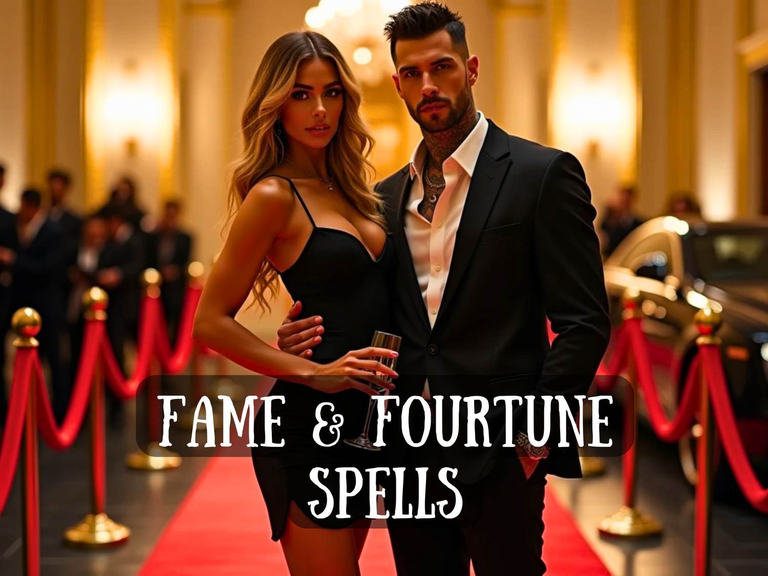 Glamorous couple on the red carpet holding champagne, surrounded by luxury and flashing lights, with text “Fame & Fortune Spells,” symbolizing success, popularity, wealth, celebrity lifestyle, and high status.