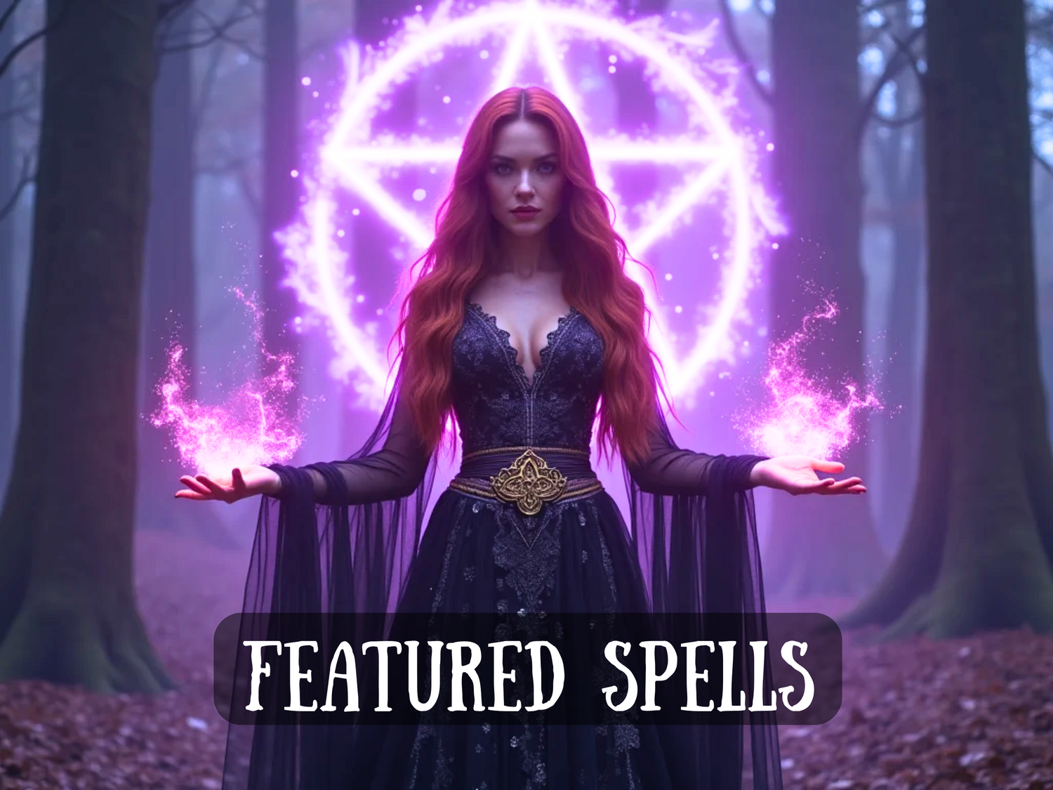 Mystical woman in black dress conjures glowing purple energy with a pentagram shining behind her in the forest, with text “Featured Spells,” symbolizing powerful rituals, magic, energy work, and enchanting offerings.