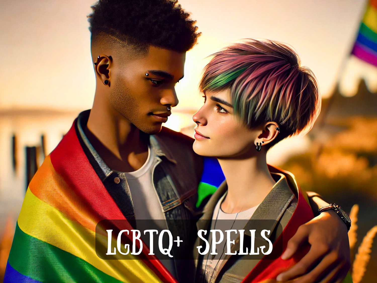 Loving LGBTQ+ couple wrapped in a rainbow pride flag, gazing into each other’s eyes with sunset behind them, with text “LGBTQ+ Spells,” symbolizing love, acceptance, unity, empowerment, and inclusive magical support.