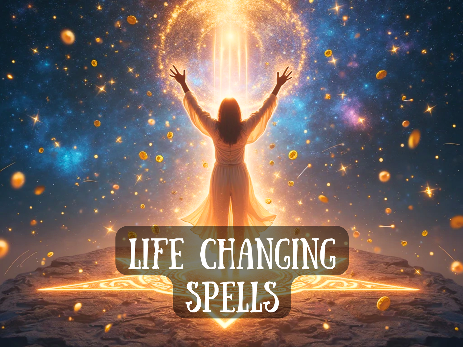 Figure in white robe raises arms toward radiant golden light surrounded by stars and cosmic energy, with text “Life Changing Spells,” symbolizing transformation, destiny shifts, empowerment, and new beginnings.