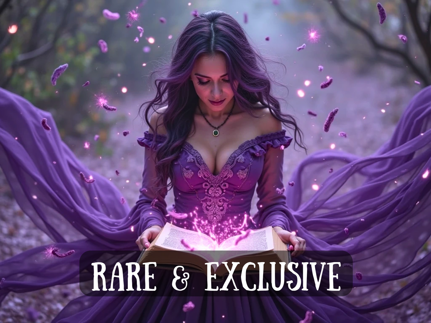 Enchanting woman in flowing purple dress opens a glowing magical book as sparkles rise around her, with text “Limited Edition,” symbolizing rare spells, exclusive rituals, mystical energy, and unique one-of-a-kind offerings.