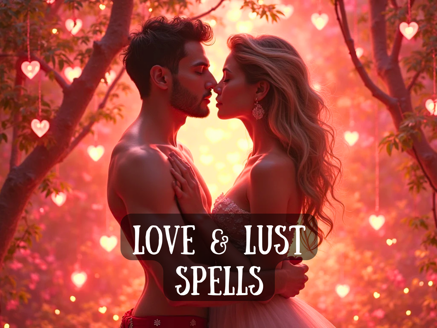 Romantic couple embracing under glowing heart-shaped lights in a dreamy forest setting, with bold text “Love & Lust Spells” symbolizing passion, intimacy, romance, attraction, and powerful rituals for desire, connection, and irresistible chemistry.