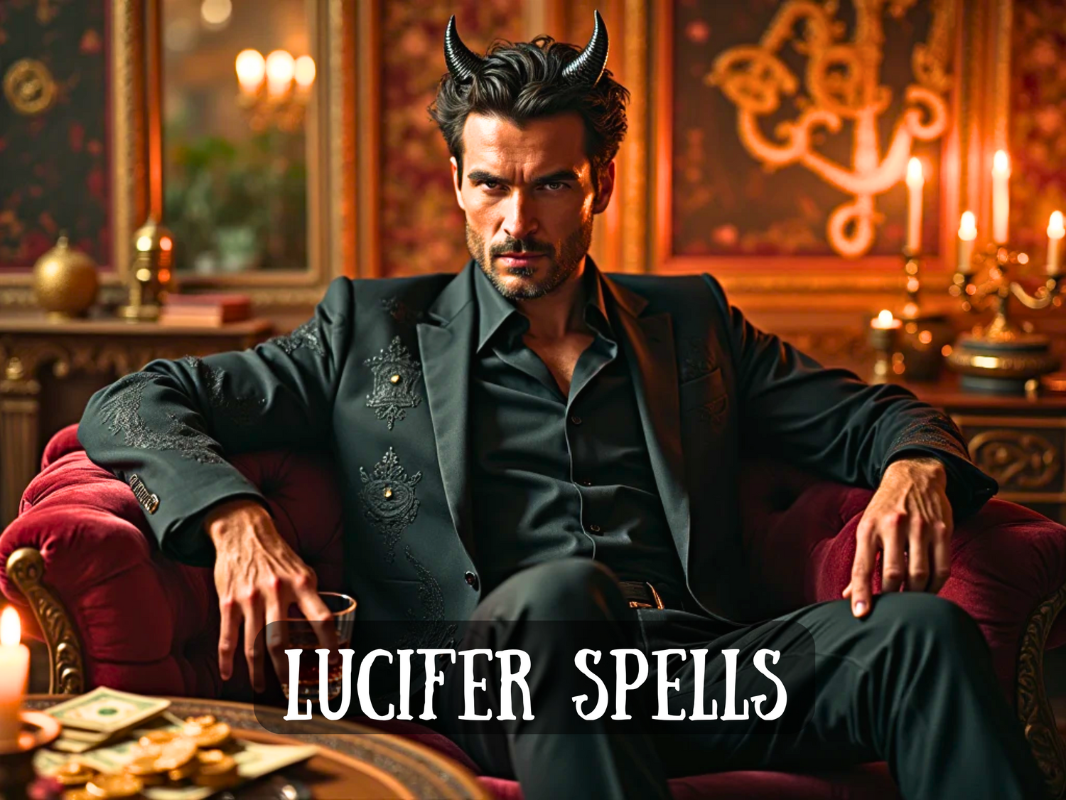 Dark, powerful man with small black horns sits in a luxurious room surrounded by candles, money, and gold, with text “Lucifer Spells,” symbolizing forbidden power, wealth, occult magic, dominance, and infernal energy.