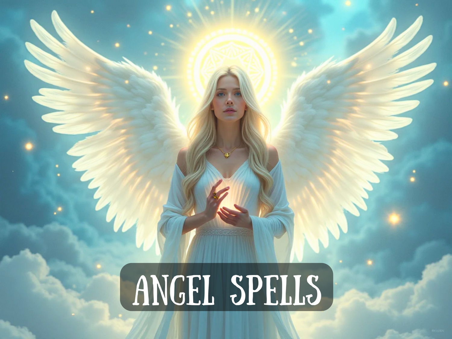 Heavenly angel with glowing white wings and golden halo standing among clouds, radiating divine light and peace, symbolizing spiritual protection, guidance, purity, healing, higher power, and celestial blessings from the realms of light.