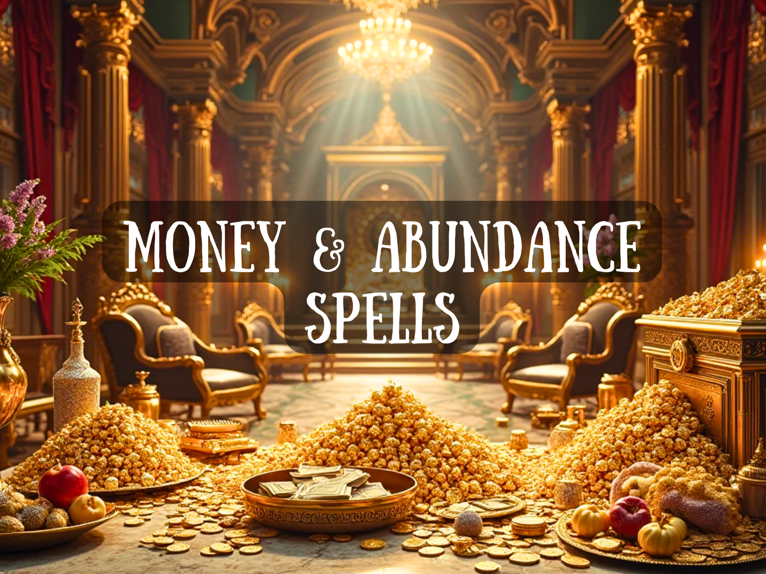 Luxurious palace filled with piles of gold coins, treasures, and golden abundance, with the bold text “Money & Abundance Spells” in the center, symbolizing wealth, prosperity, financial success, and powerful manifestation rituals.