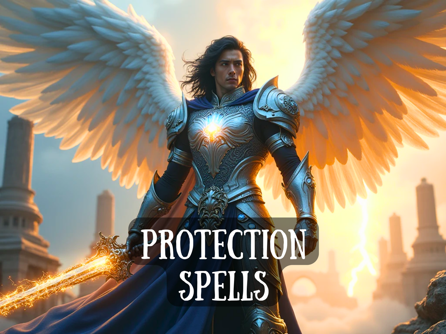 Powerful angelic warrior in shining silver armor with glowing wings and flaming sword, standing strong with the words “Protection Spells,” symbolizing safety, strength, defense, spiritual shielding, divine guardianship, and protective energy rituals.