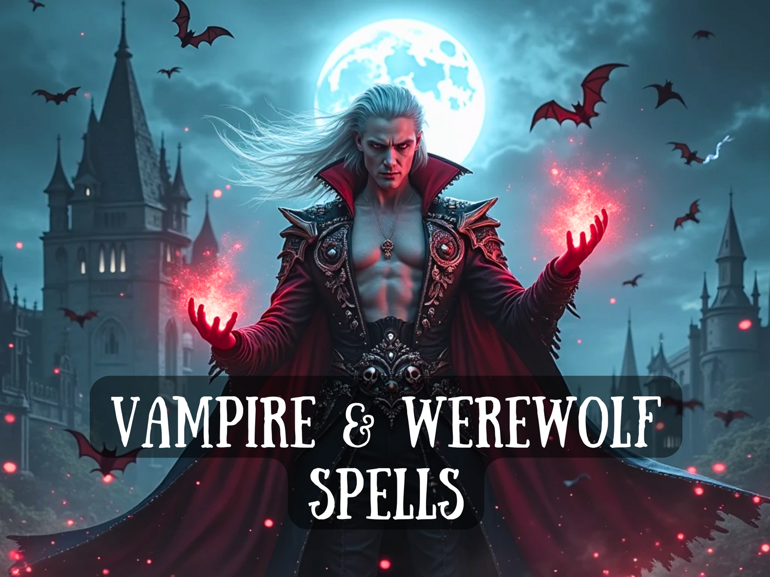 Dark vampire sorcerer with glowing red magic in his hands, standing before a gothic castle under a full moon, surrounded by flying bats, “Vampire & Werewolf Spells,” symbolizing dark power, transformation, supernatural strength, and occult rituals.