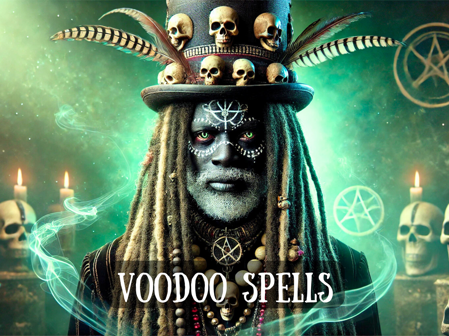 Mysterious voodoo priest with skull-adorned top hat, dreadlocks, and painted face stands before glowing candles and symbols, with text “Voodoo Spells,” symbolizing dark rituals, spirit work, ancestral magic, and mystical power