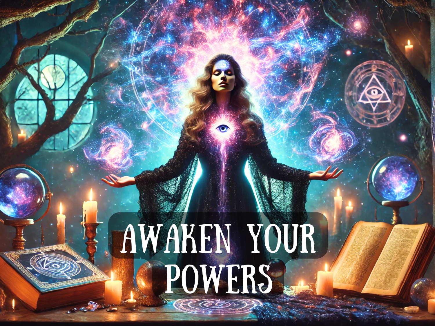 Mystical woman surrounded by cosmic energy, glowing symbols, candles, and ancient books, with text “Become a Witch,” symbolizing spiritual awakening, witchcraft learning, magical power, and transformation into a witch.