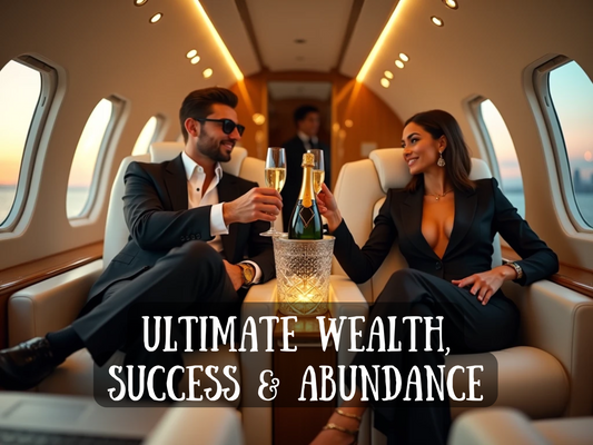 A man and woman dressed in sleek black suits toast champagne inside a private jet at sunset, celebrating luxury, power, and success. The setting radiates elite abundance—gold accents, a crystal ice bucket, and confident smiles that say everything is already theirs. This image represents the "Ultimate Wealth, Success & Abundance" spell, a high-level ritual that manifests prosperity, achievement, and opulence into your reality. It’s not about chasing—it’s about owning