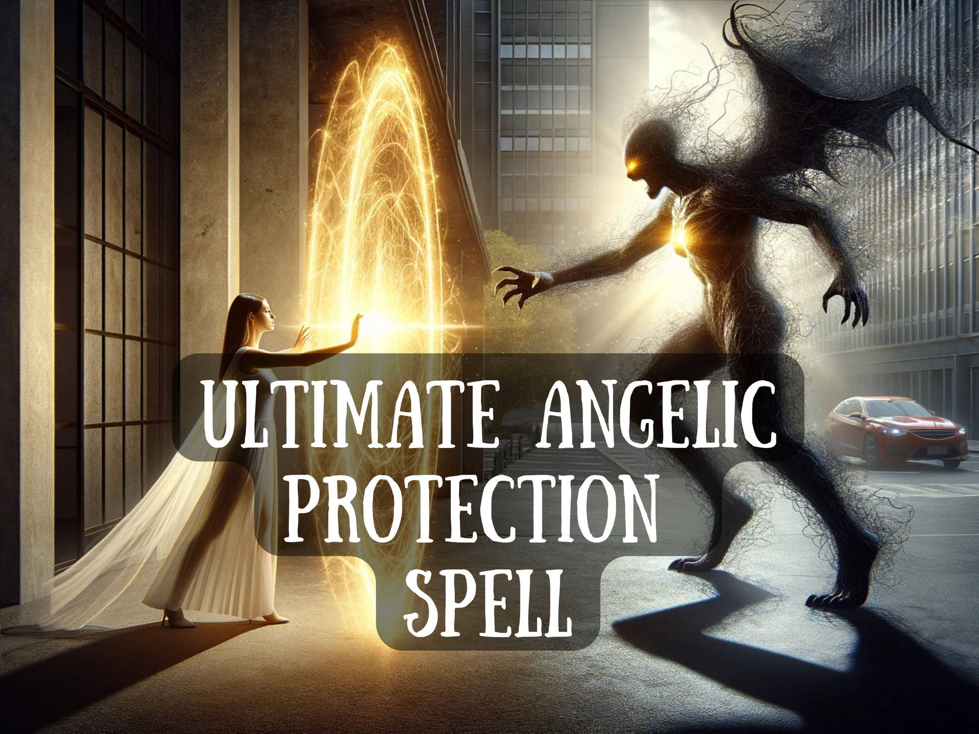 Dynamic image for 'Ultimate Angelic Protection Spell' showing a glowing angelic woman casting a radiant golden shield against a dark demonic entity in an urban setting. The energy barrier radiates divine light, blocking the shadow creature’s attack. Ideal for Etsy listings focused on spiritual defense, angel magick, entity banishment, psychic protection spells, curse reversal, energy shielding, and advanced white magick rituals invoking powerful celestial forces.