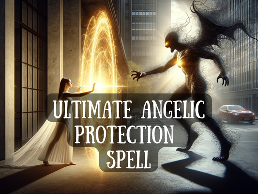 Dynamic image for 'Ultimate Angelic Protection Spell' showing a glowing angelic woman casting a radiant golden shield against a dark demonic entity in an urban setting. The energy barrier radiates divine light, blocking the shadow creature’s attack. Ideal for Etsy listings focused on spiritual defense, angel magick, entity banishment, psychic protection spells, curse reversal, energy shielding, and advanced white magick rituals invoking powerful celestial forces.