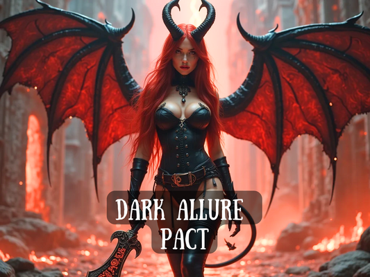 Dark Allure Pact spell image featuring a seductive demoness with glowing red wings, horns, and a black leather corset, standing in a fiery underworld city with a blazing sword. This pact ritual invokes forbidden allure, irresistible charm, and dark empowerment, binding you with infernal forces to awaken magnetism, sexual energy, and commanding presence. A powerful transformation spell for attraction, desire, and dominance through shadow pact magick.