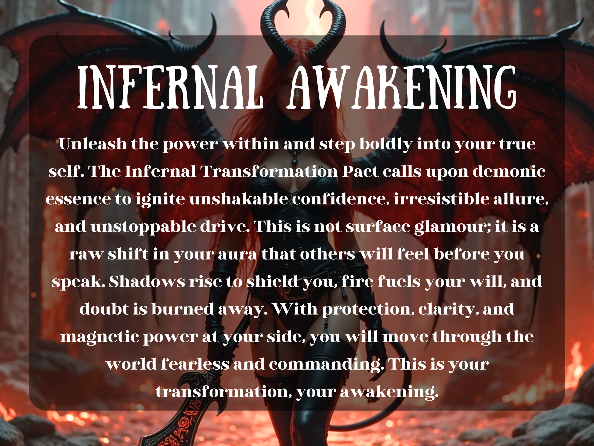 Infernal Awakening spell image showing a powerful demoness with red wings, horns, and black leather armor holding a fiery sword. Surrounded by a blazing infernal city, this transformation pact invokes demonic energy for confidence, allure, protection, and unstoppable drive. A dark magick ritual designed to shift aura, ignite passion, and command irresistible presence. Perfect for those seeking empowerment, magnetic charm, and infernal awakening through shadow pact spells.