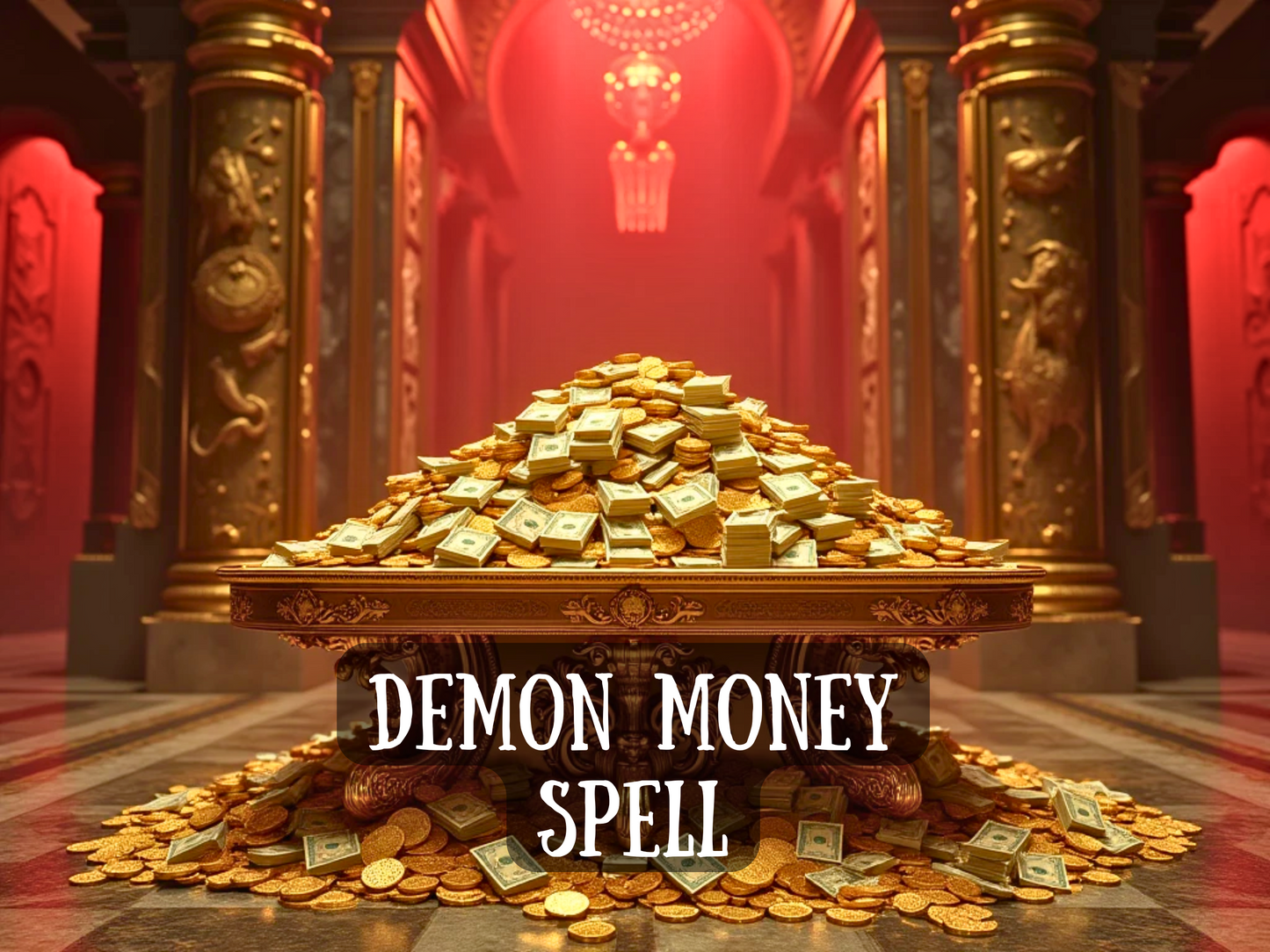 Demon Money Spell a grand golden hall filled with ornate pillars and a massive pile of wealth stacked on a luxurious table. Bundles of cash and gold coins overflow onto the marble floor symbolizing limitless prosperity, sudden windfalls, and unstoppable financial abundance. This powerful image embodies the idea of attracting fortune, breaking scarcity, and commanding wealth. Perfect for  listings focused on money attraction, success, prosperity, business growth, and financial transformation.