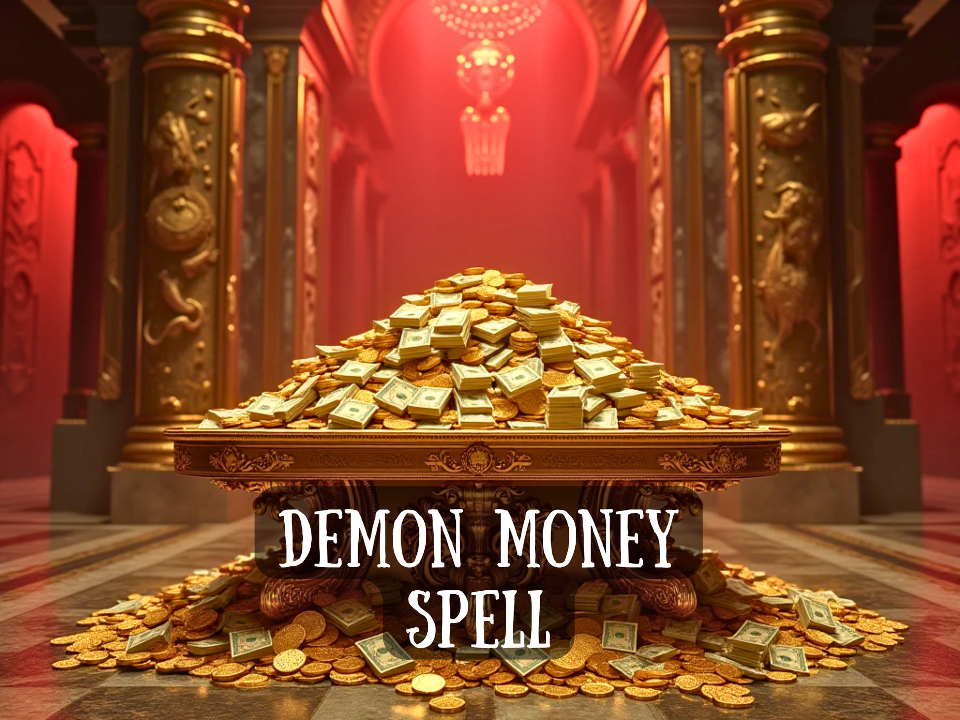 Demon Money Spell a grand golden hall filled with ornate pillars and a massive pile of wealth stacked on a luxurious table. Bundles of cash and gold coins overflow onto the marble floor symbolizing limitless prosperity, sudden windfalls, and unstoppable financial abundance. This powerful image embodies the idea of attracting fortune, breaking scarcity, and commanding wealth. Perfect for  listings focused on money attraction, success, prosperity, business growth, and financial transformation.