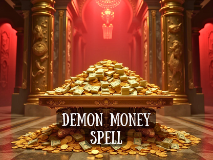 Demon Money Spell a grand golden hall filled with ornate pillars and a massive pile of wealth stacked on a luxurious table. Bundles of cash and gold coins overflow onto the marble floor symbolizing limitless prosperity, sudden windfalls, and unstoppable financial abundance. This powerful image embodies the idea of attracting fortune, breaking scarcity, and commanding wealth. Perfect for  listings focused on money attraction, success, prosperity, business growth, and financial transformation.