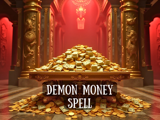 Demon Money Spell a grand golden hall filled with ornate pillars and a massive pile of wealth stacked on a luxurious table. Bundles of cash and gold coins overflow onto the marble floor symbolizing limitless prosperity, sudden windfalls, and unstoppable financial abundance. This powerful image embodies the idea of attracting fortune, breaking scarcity, and commanding wealth. Perfect for  listings focused on money attraction, success, prosperity, business growth, and financial transformation.