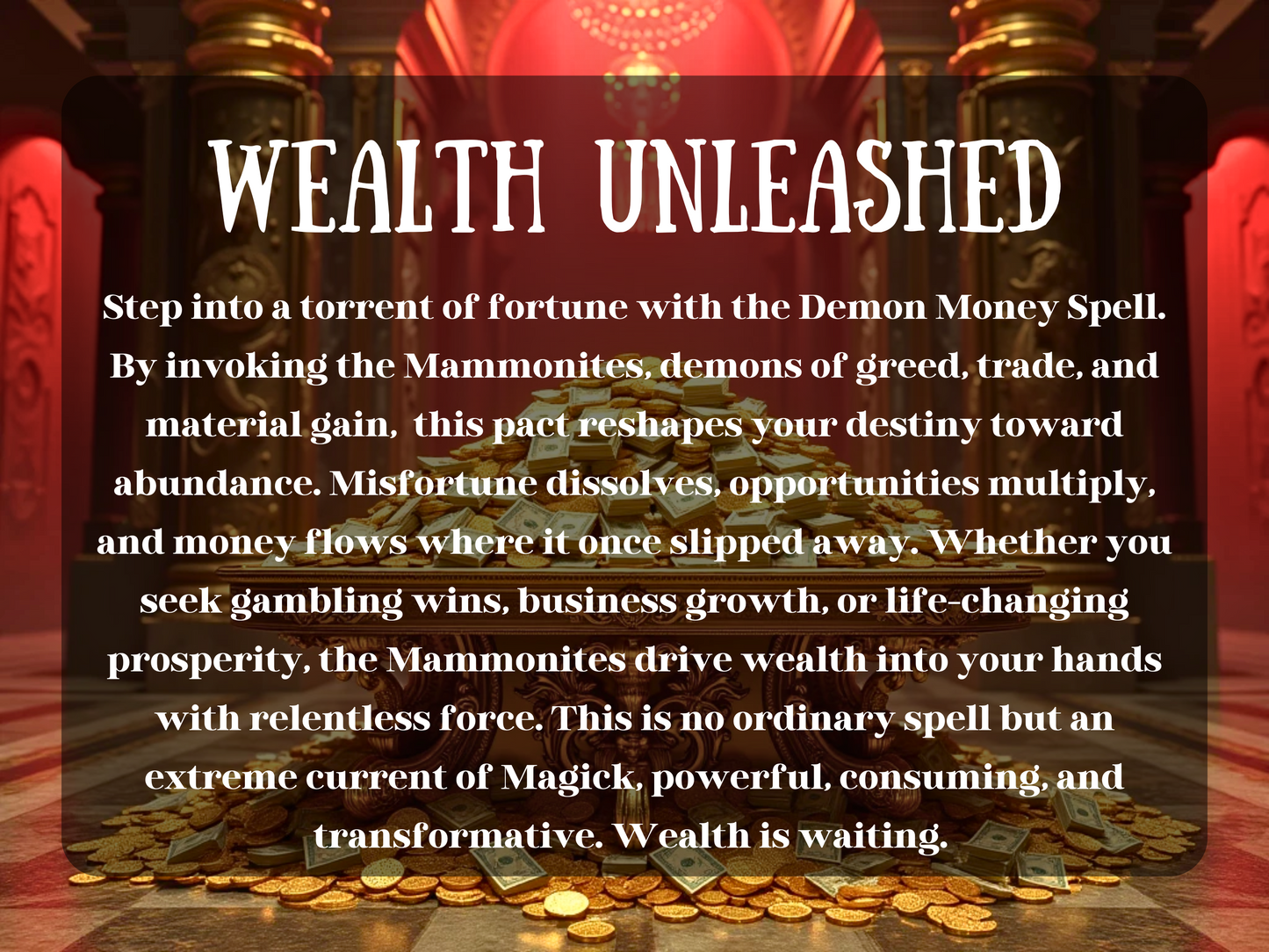Wealth Unleashed” image showing a grand golden hall lit in fiery red, with a massive pile of gold coins and bundles of cash stacked high on a lavish table. The text describes the Demon Money Spell, invoking the Mammonites—spirits of greed, trade, and fortune—to dissolve misfortune, multiply opportunities, and unleash relentless prosperity. Symbolizing gambling wins, business growth, and unstoppable financial success, essence of abundance, wealth, and life-changing material gain.